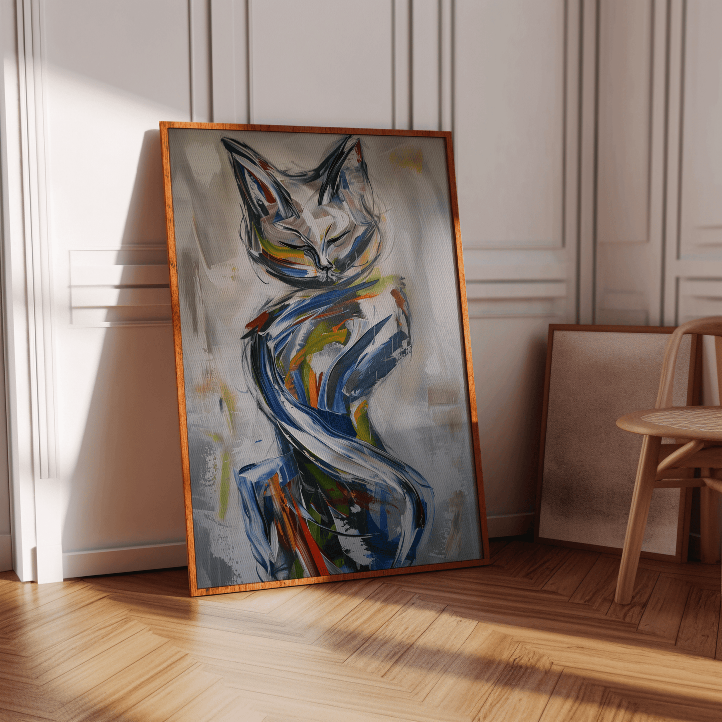 Abstract painting of an elegant cat, full body, dynamic brush strokes, in a white Victorian hallway in view of natural sunlight.