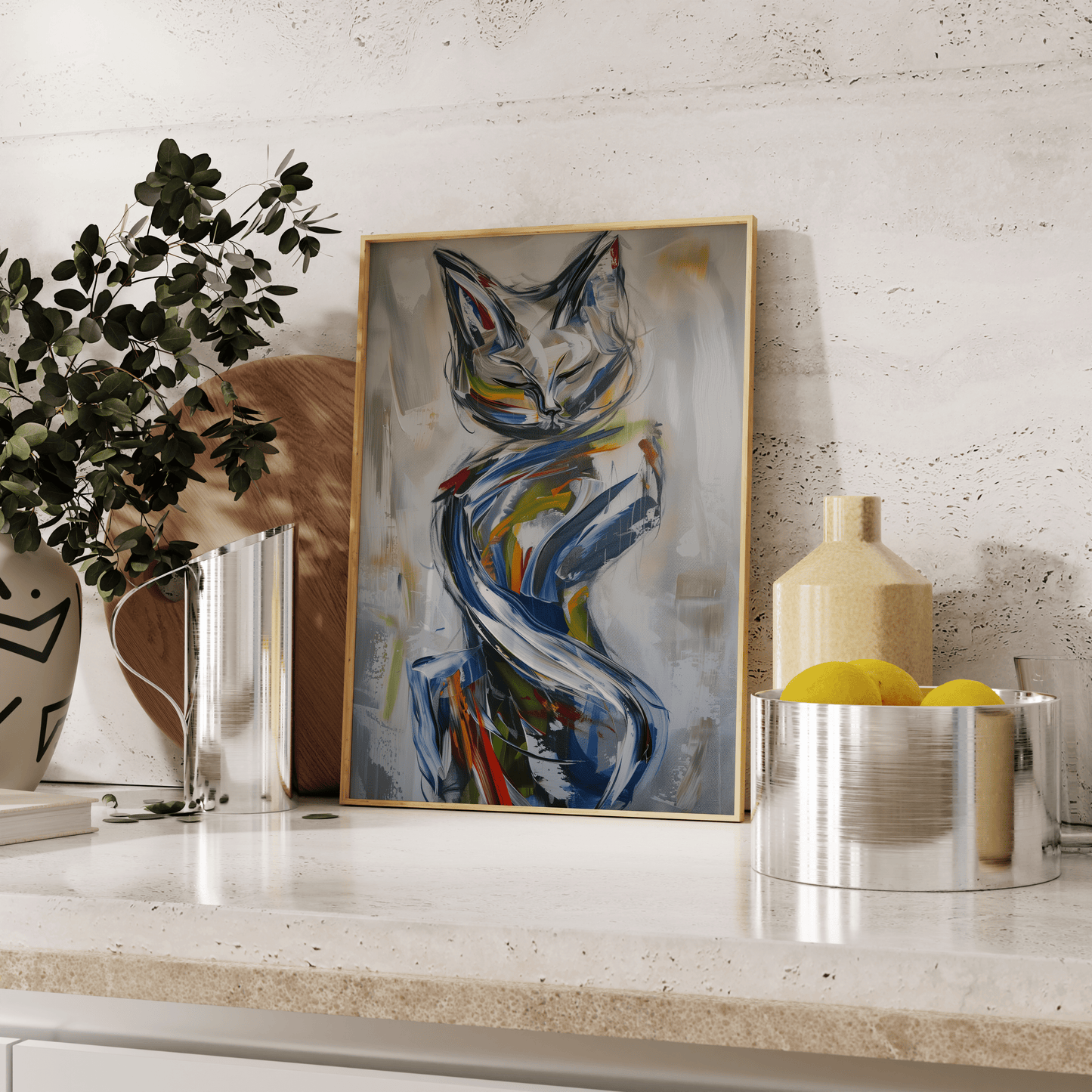 Abstract painting of an elegant cat, full body, dynamic brush strokes, leaning against the kitchen counter.