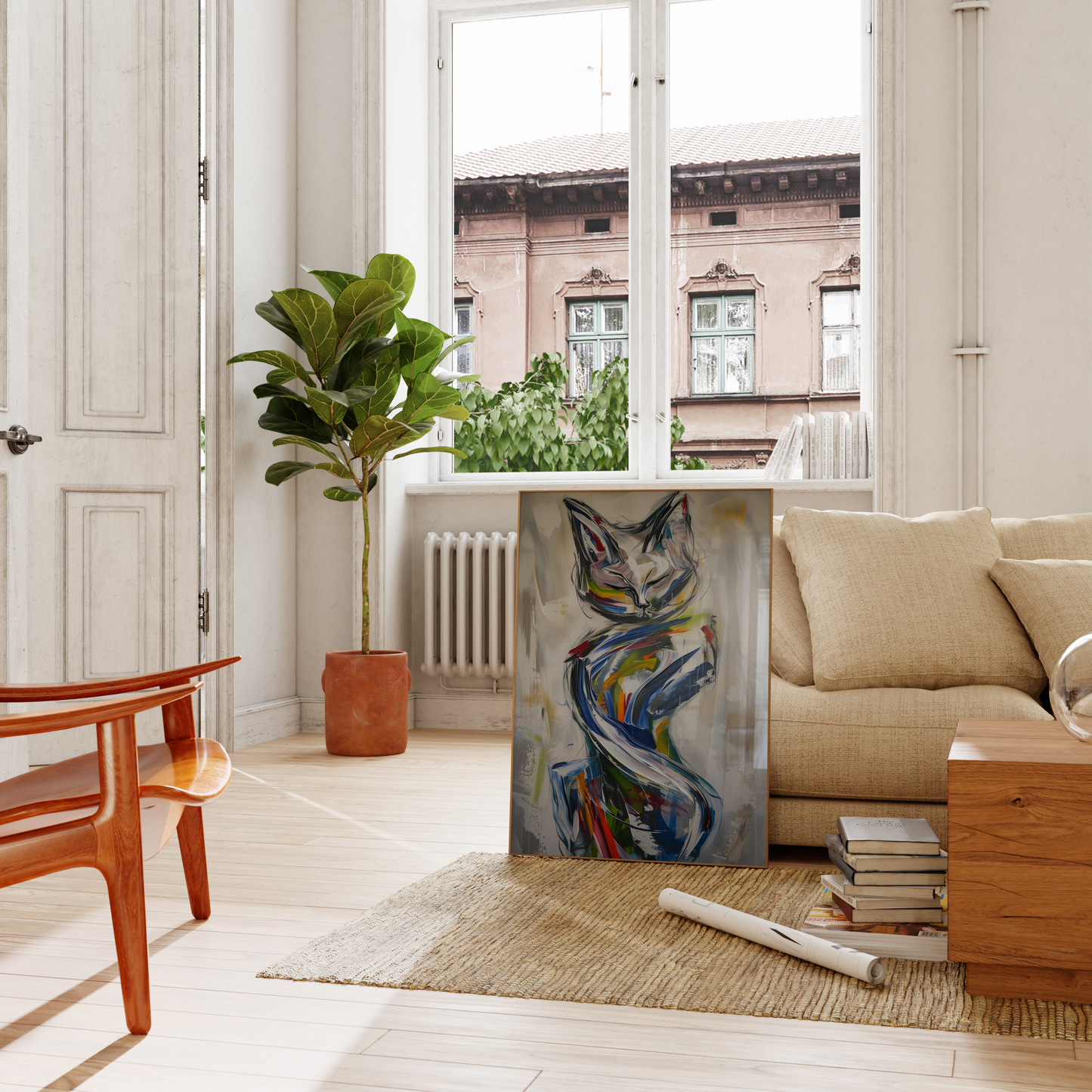 Abstract painting of an elegant cat, full body, dynamic brush strokes, leaning on a couch in the living room.
