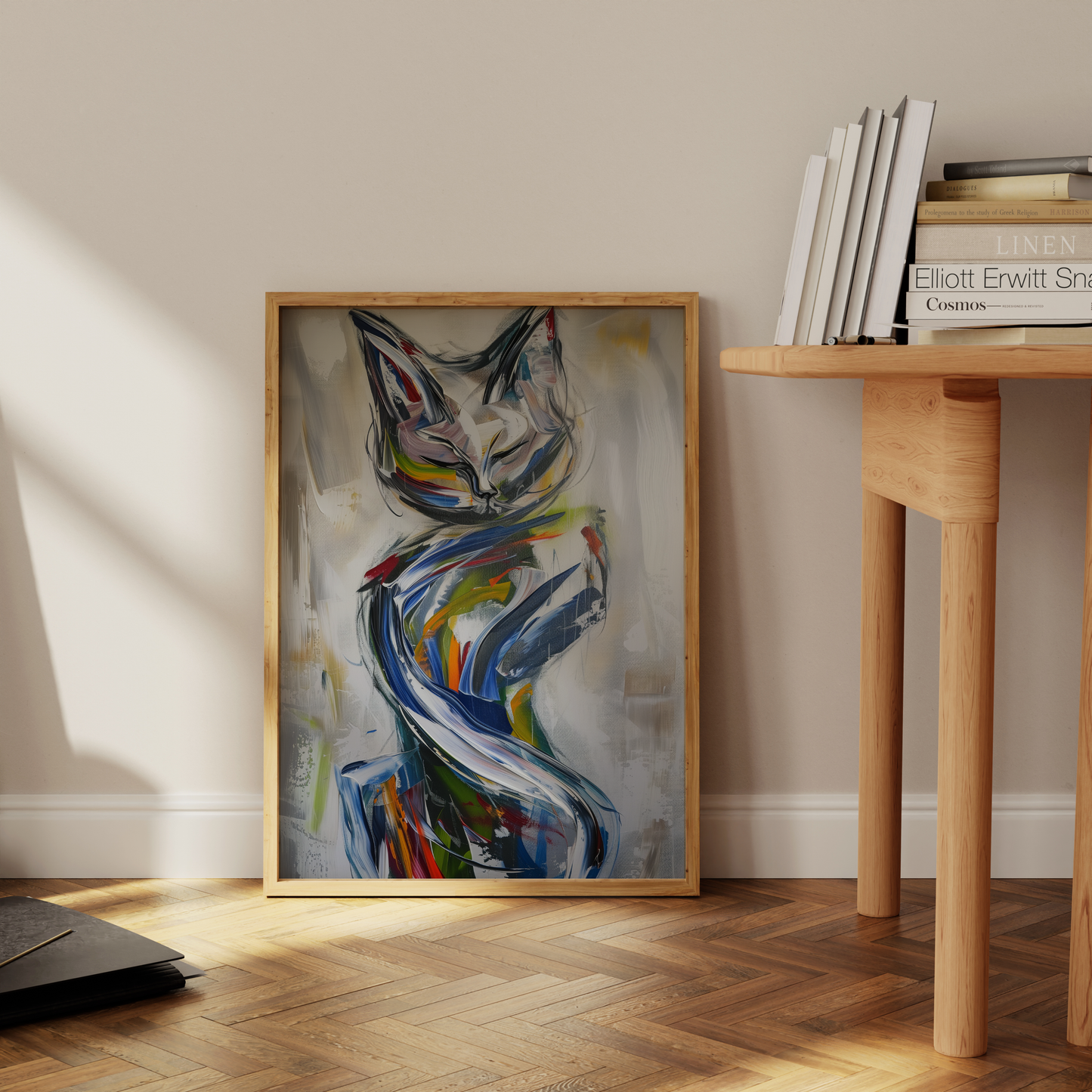 Abstract painting of an elegant cat, full body, dynamic brush strokes, leaning against the office wall.