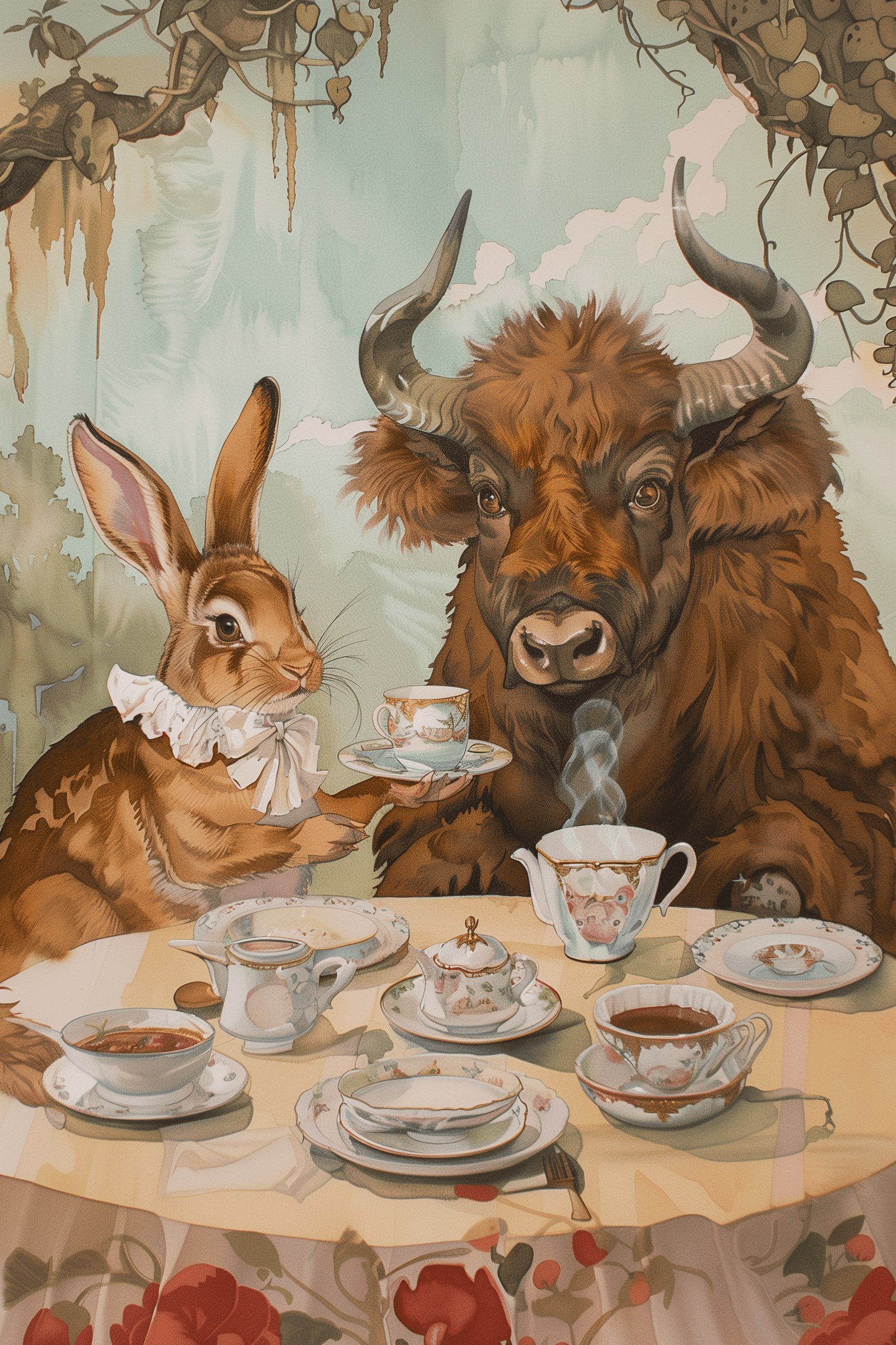 Painting of a rabbit and a bull having an English tea party in the natural environment.