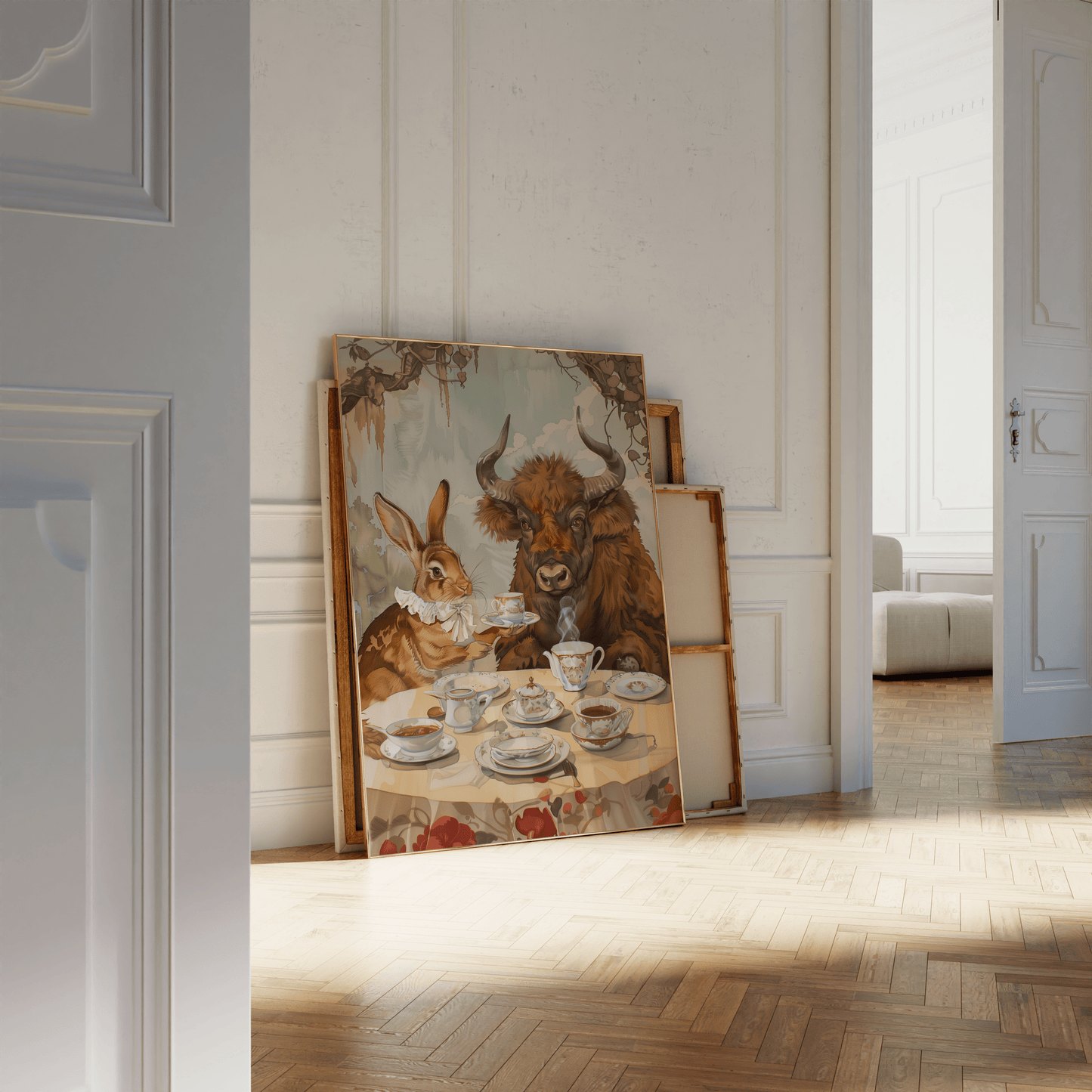 Painting of a rabbit and a bull having an English tea party in the natural environment, leaning against a white bathroom wall.
