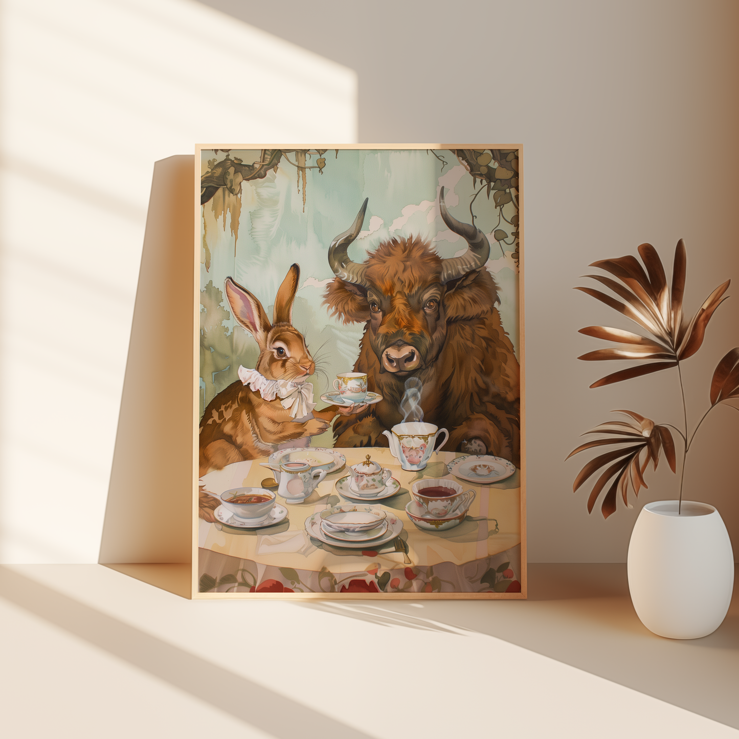 Painting of a rabbit and a bull having an English tea party in the natural environment, leaning against the bedroom floor.
