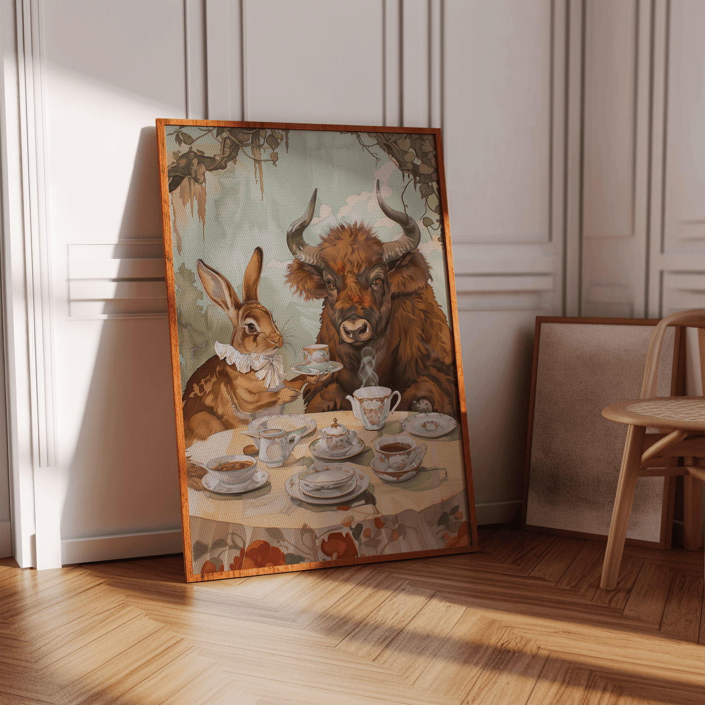 Painting of a rabbit and a bull having an English tea party in the natural environment, in a hallway.