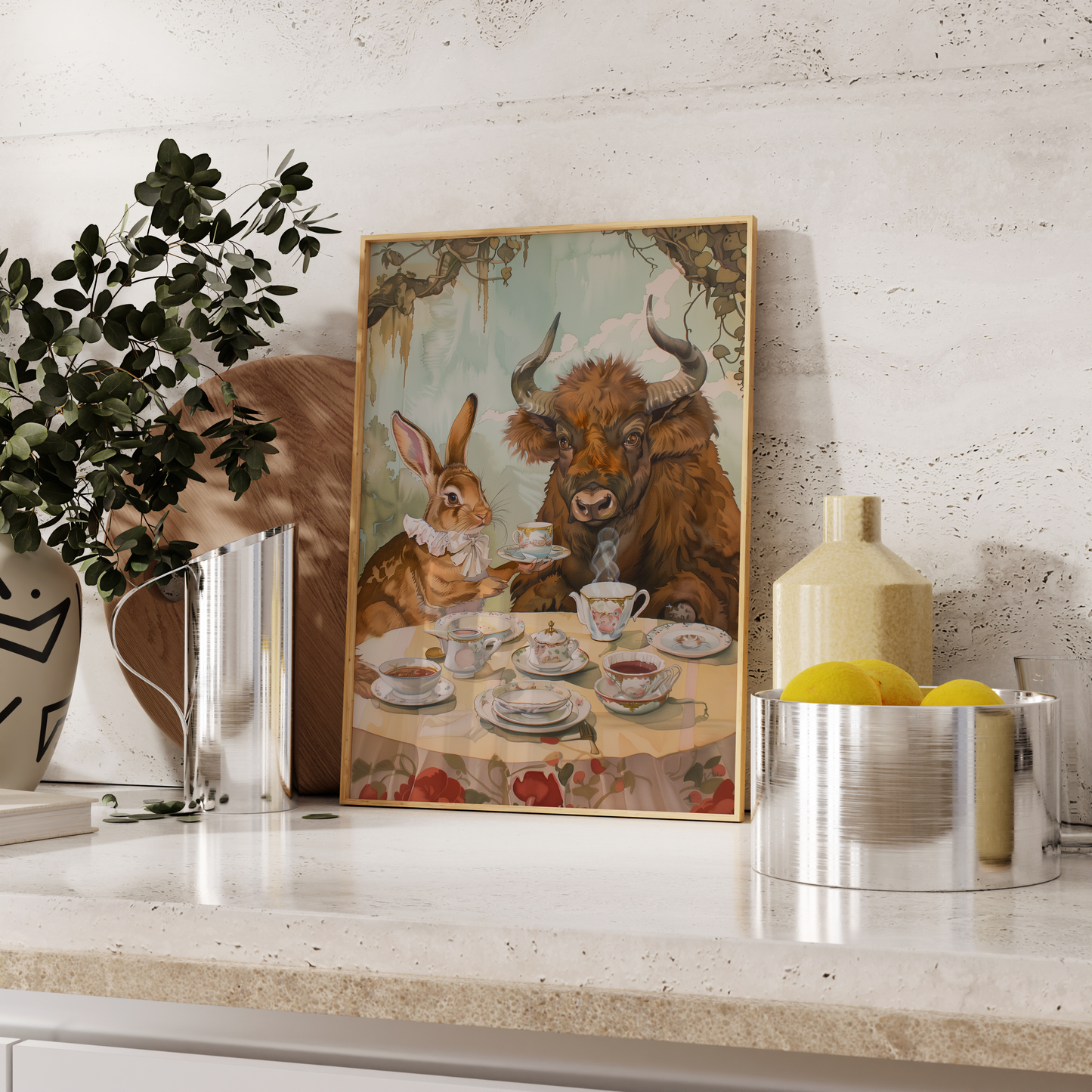 Painting of a rabbit and a bull having an English tea party in the natural environment, leaning against the kitchen counter.