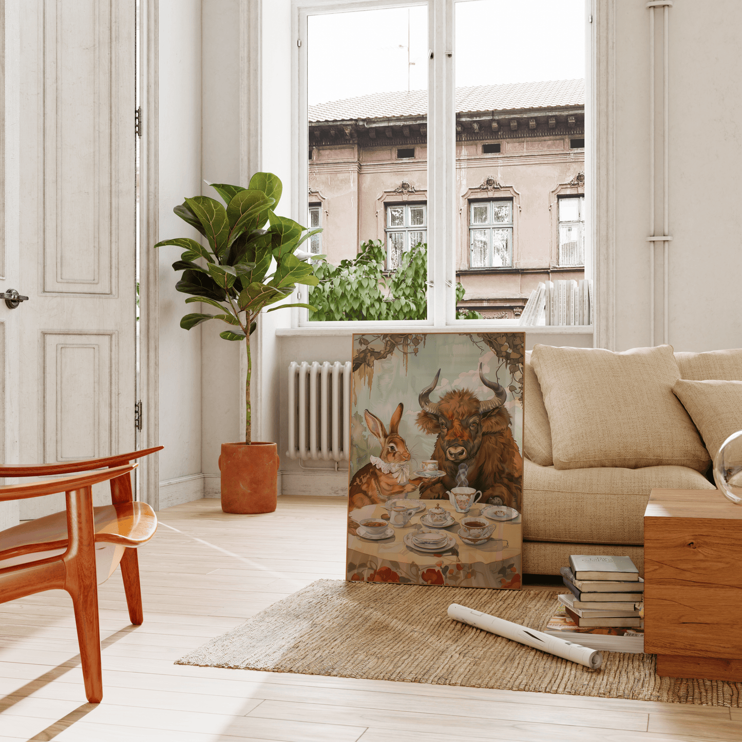 Painting of a rabbit and a bull having an English tea party in the natural environment, leaning on a couch in the living room.