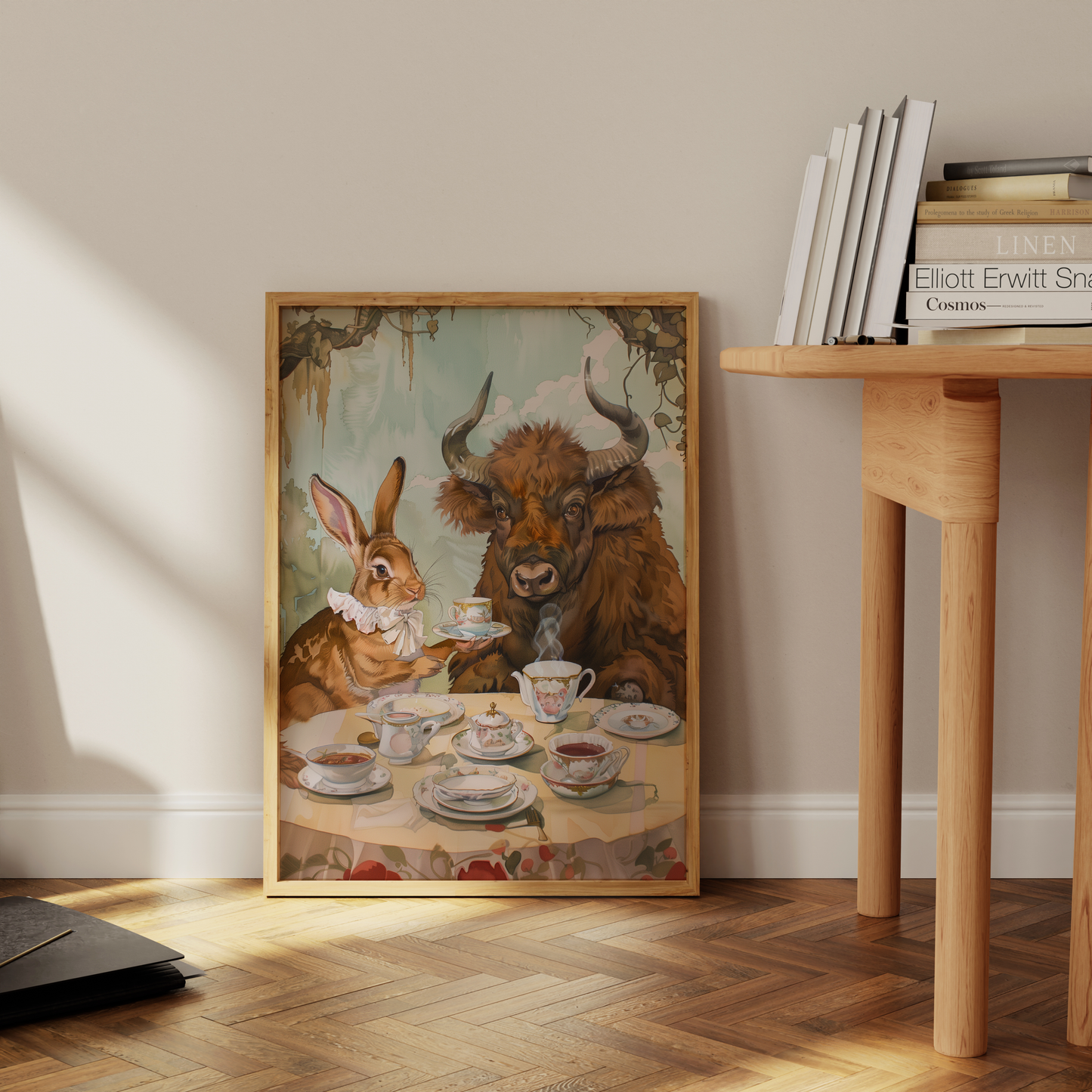 Painting of a rabbit and a bull having an English tea party in the natural environment, leaning against the office wall.