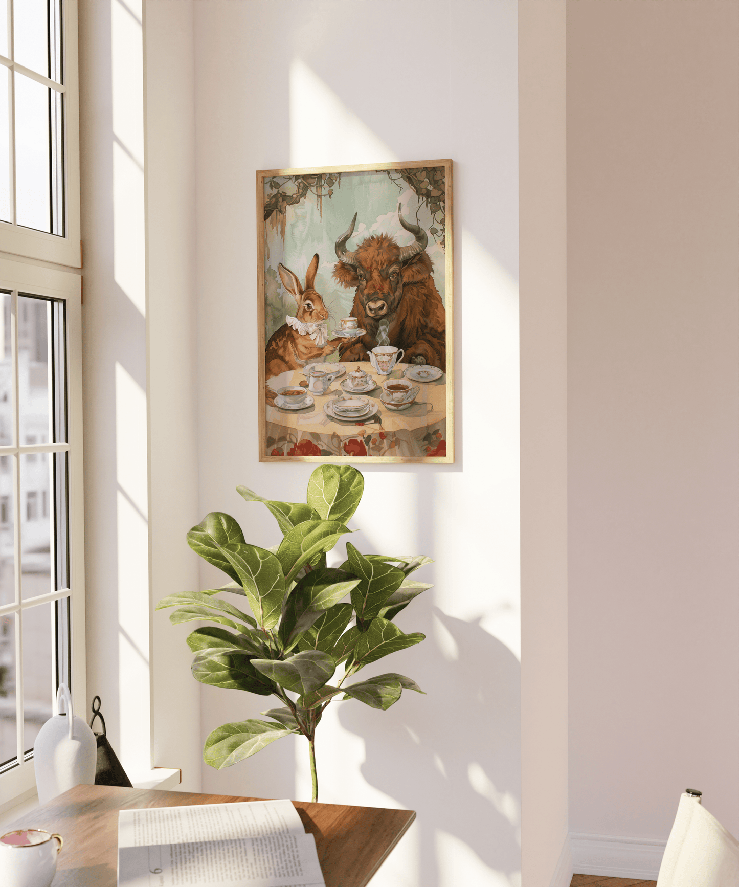 Painting of a rabbit and a bull having an English tea party in the natural environment, on a blank wall.