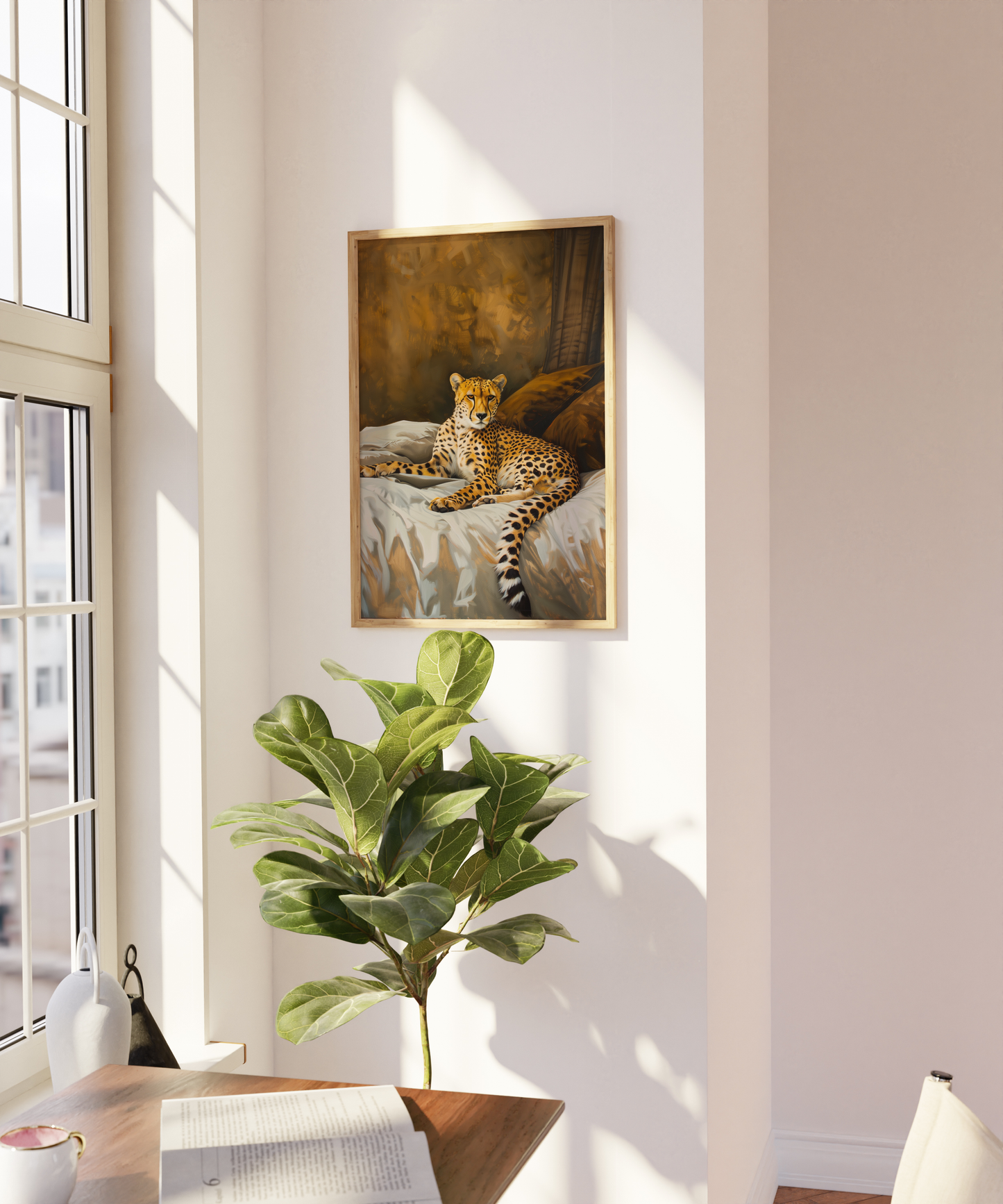 Painting of an exotic cheetah on a king sized luxury bed, on a blank wall - Paw Prints