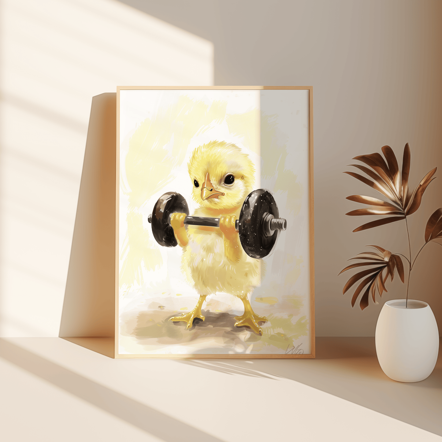 Framed oil painting of a baby chicken curling a barbell, leaning against the bedroom floor. - Paw Prints