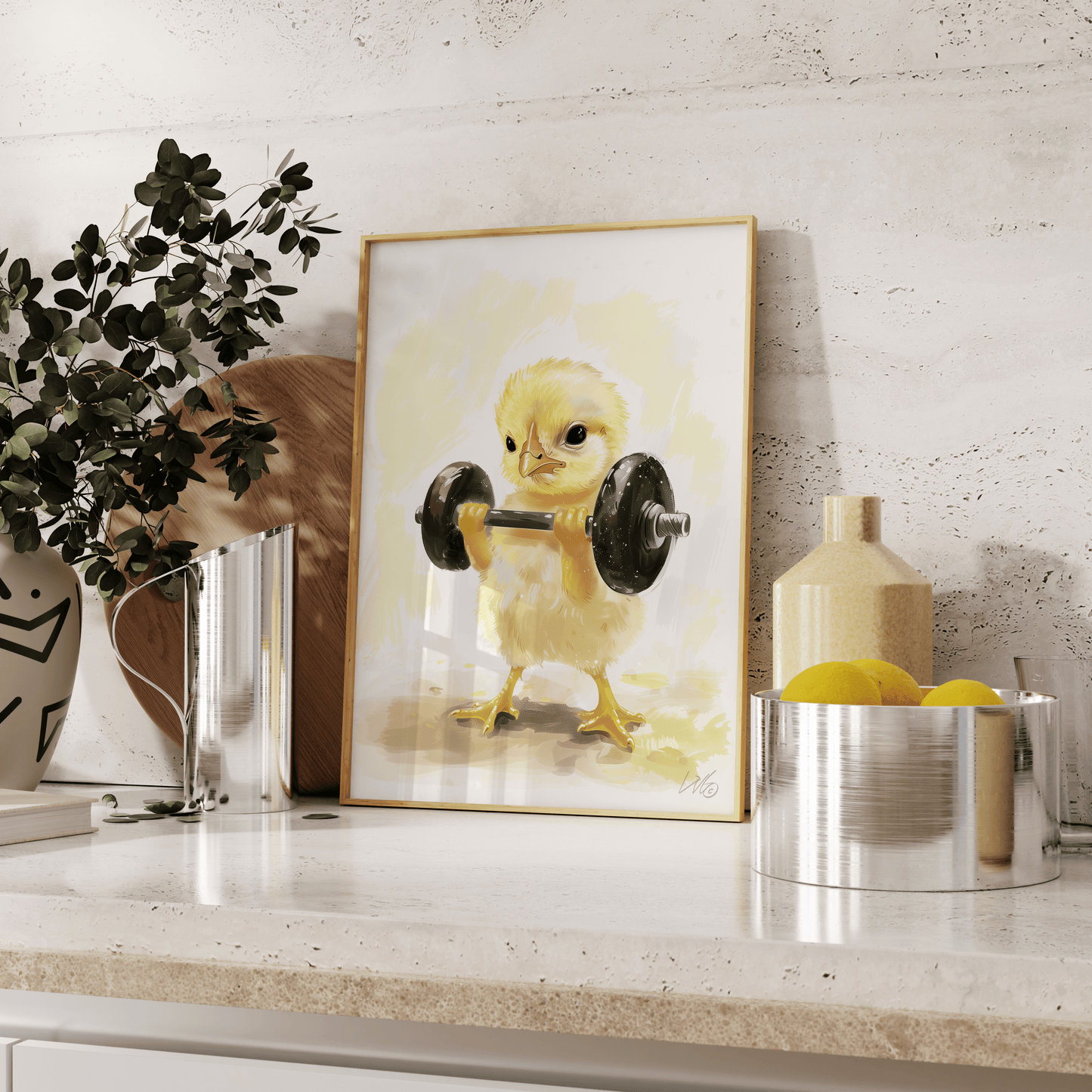 Framed oil painting of a baby chicken curling a barbell, leaning against the kitchen counter. - Paw Prints