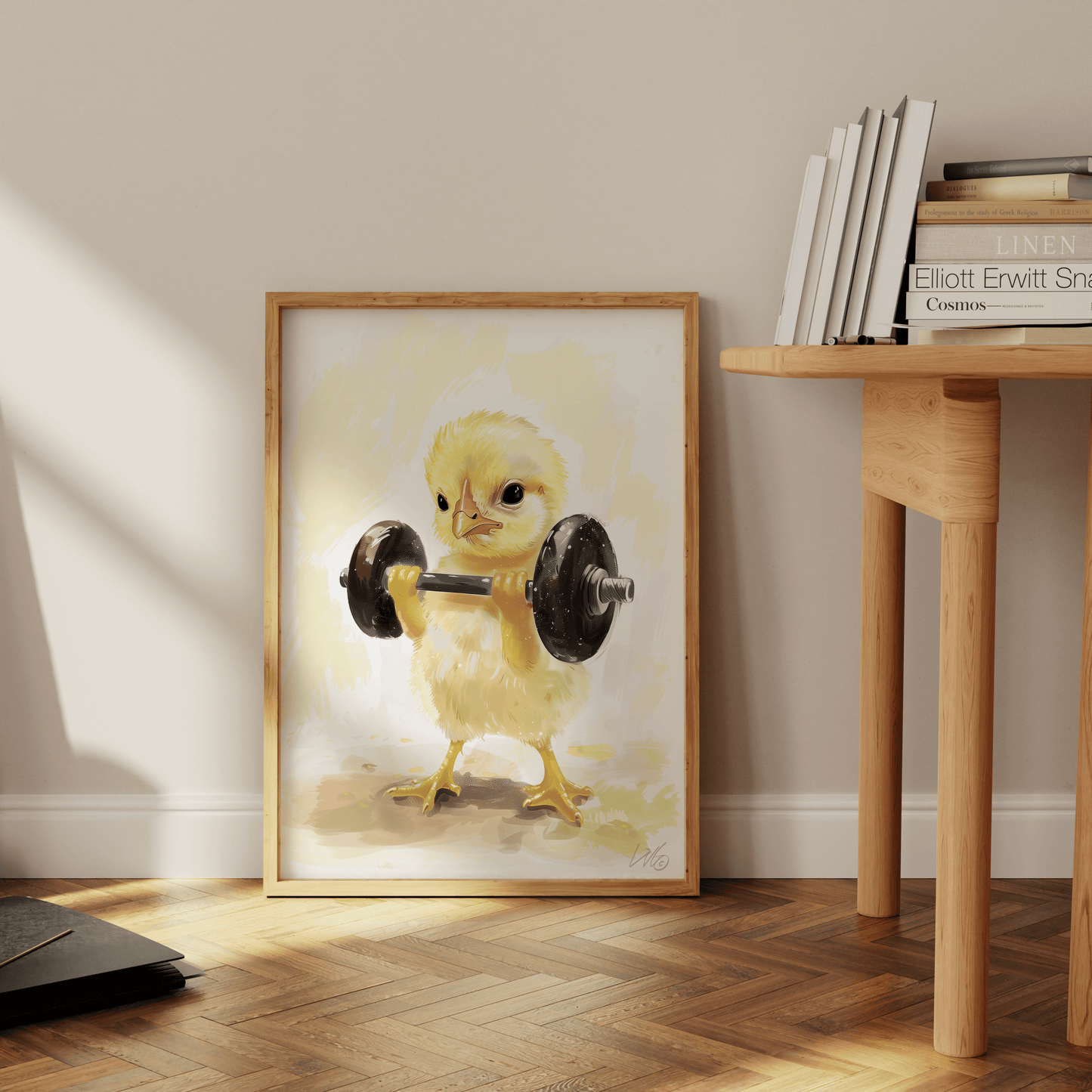 Framed oil painting of a baby chicken curling a barbell, leaning against the office wall. - Paw Prints