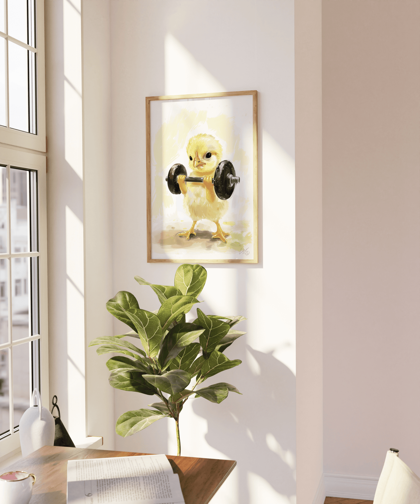 Framed oil painting of a baby chicken curling a barbell, on a blank wall. - Paw Prints