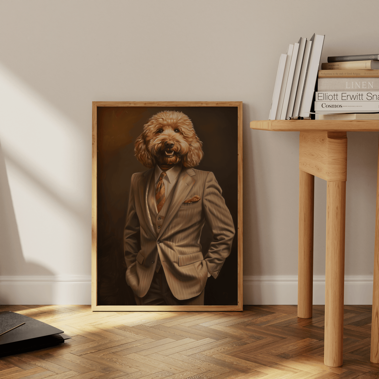 Framed poster of a poodle wearing a full suit, leaning against the office wall. - Paw Prints