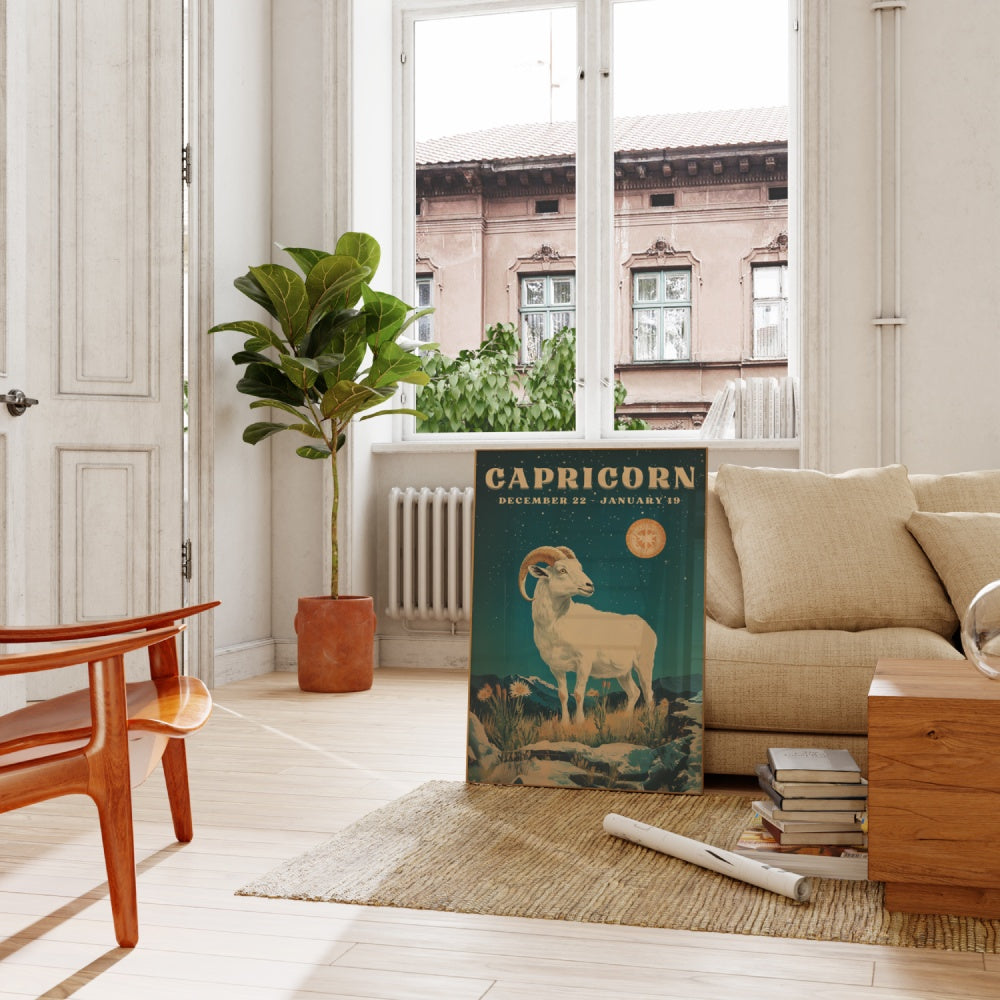 "Capricorn", a vintage astrology poster, featuring a white horned goat underneath the night skies with bright stars