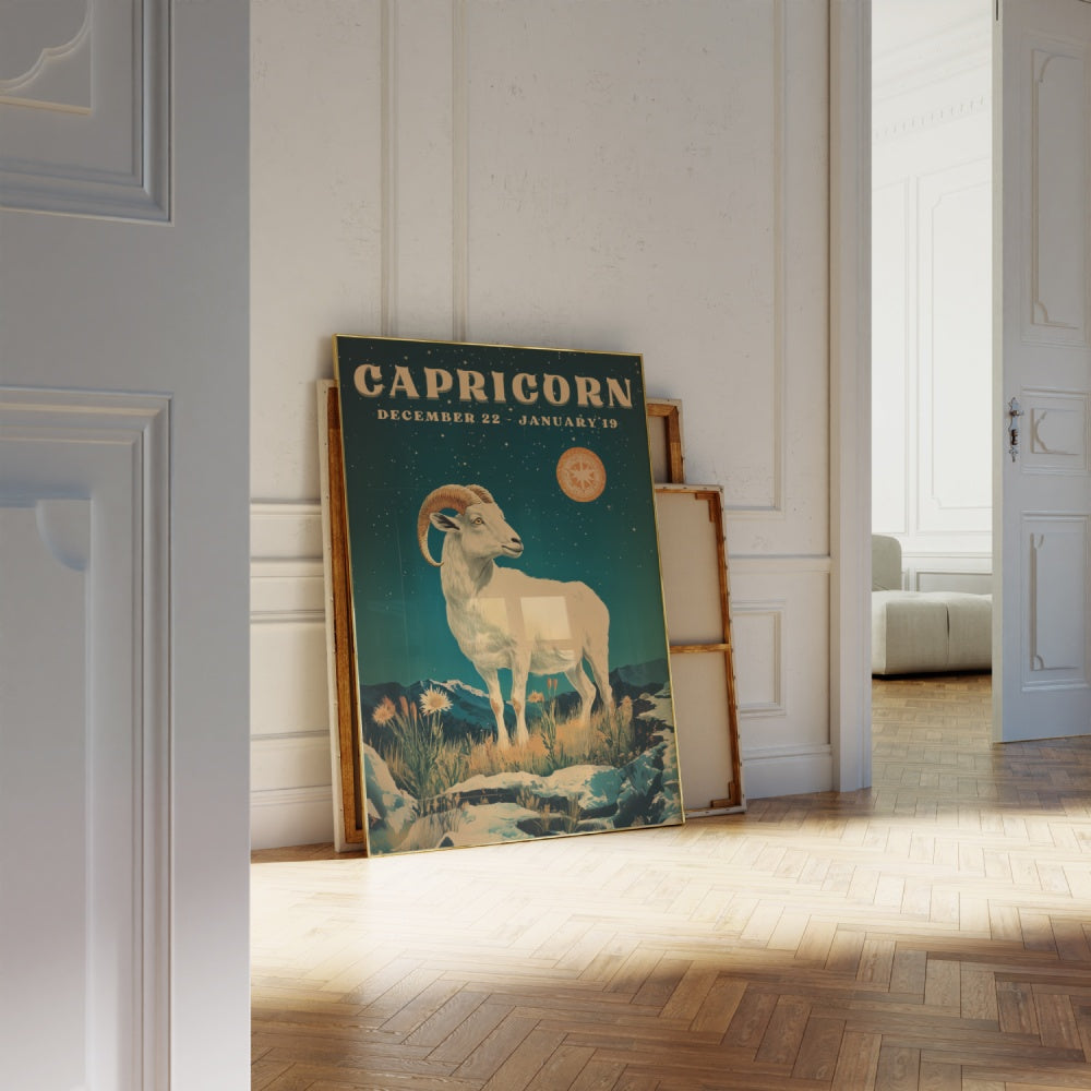 "Capricorn", a vintage astrology poster, featuring a white horned goat underneath the night skies with bright stars