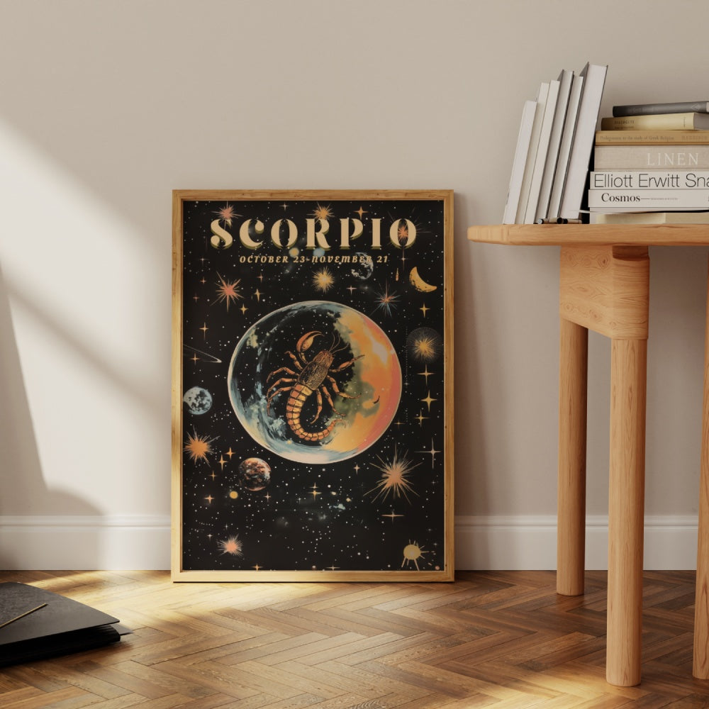 "Scorpio", a vintage astrology poster, featuring a black scorpion inside of a bubble in the shiny stars of the universe