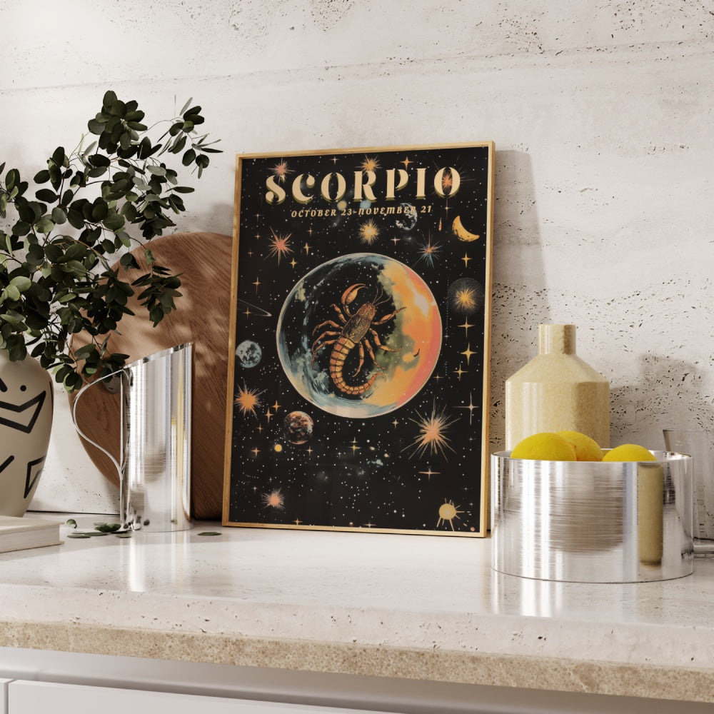 "Scorpio", a vintage astrology poster, featuring a black scorpion inside of a bubble in the shiny stars of the universe