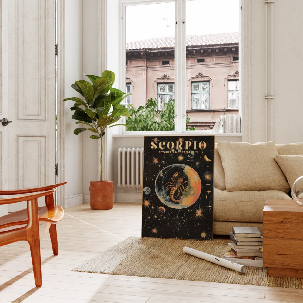 "Scorpio", a vintage astrology poster, featuring a black scorpion inside of a bubble in the shiny stars of the universe