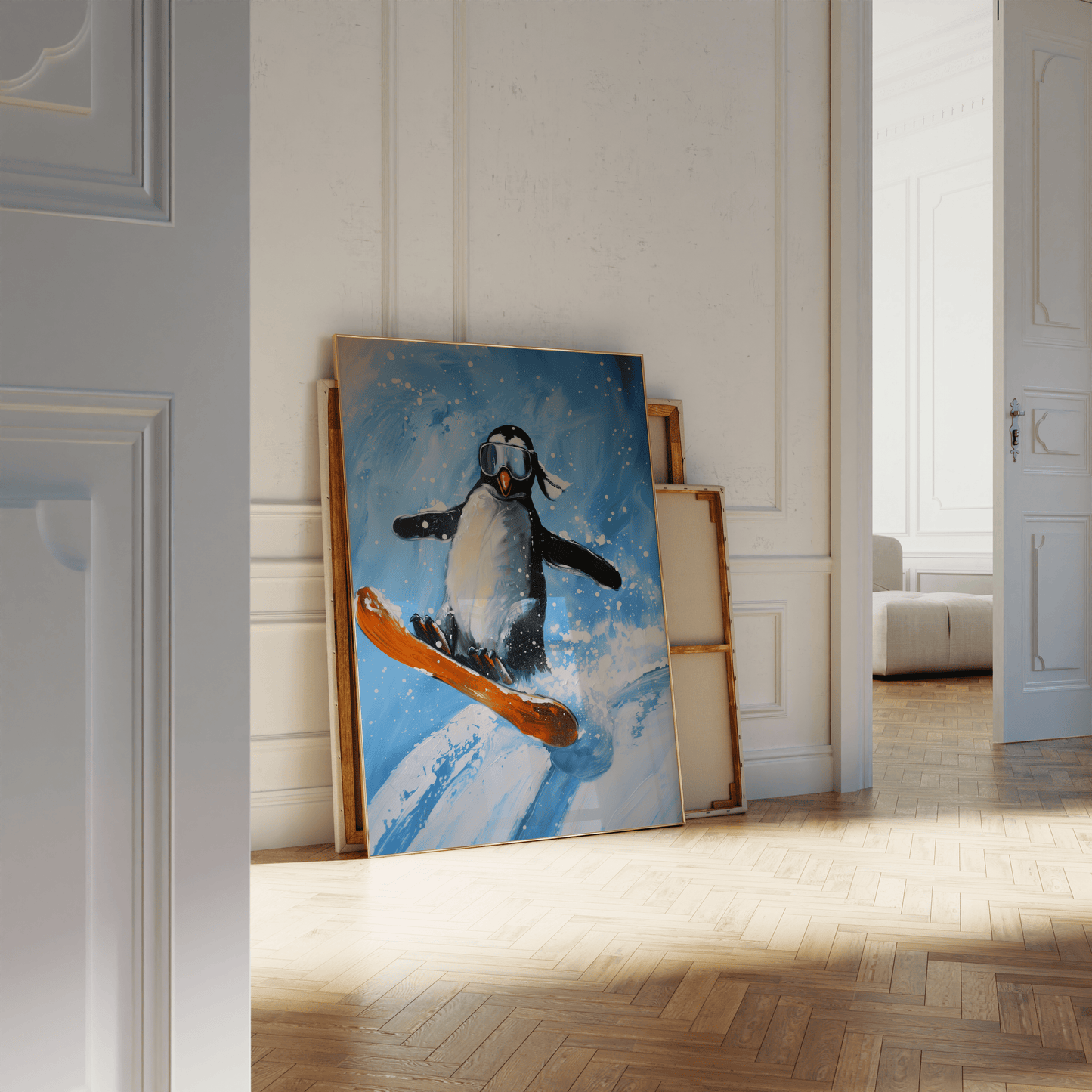 Playful illustration featuring a penguin snowboarding down a snowy slope, leaning against a white bathroom wall - Paw Prints