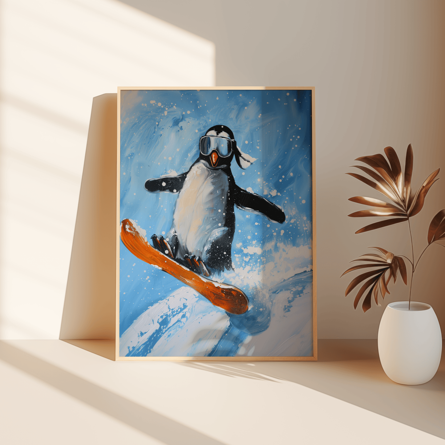Playful illustration featuring a penguin snowboarding down a snowy slope, leaning against the bedroom floor - Paw Prints