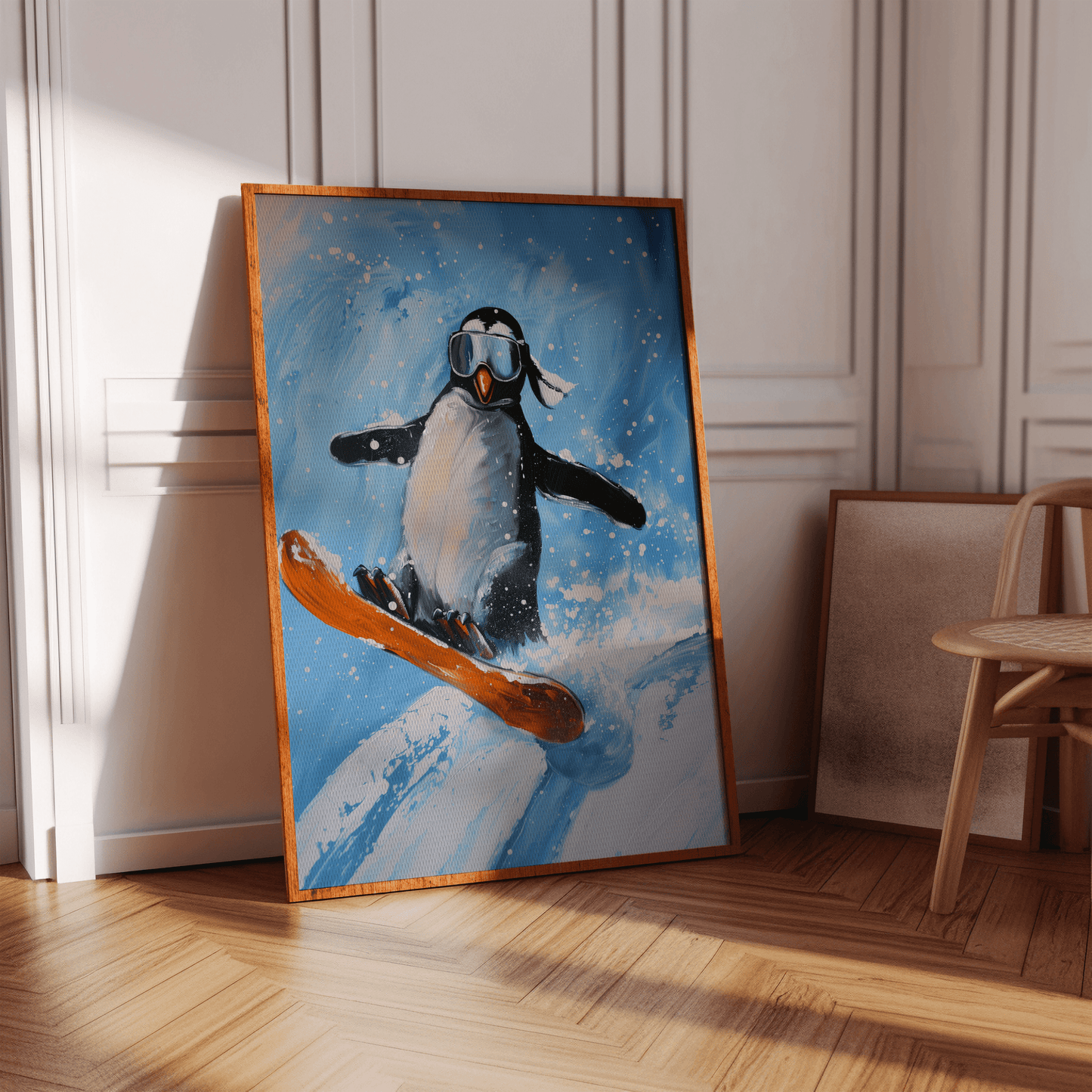 Playful illustration featuring a penguin snowboarding down a snowy slope, in a hallway in view of sunlight.- Paw Prints