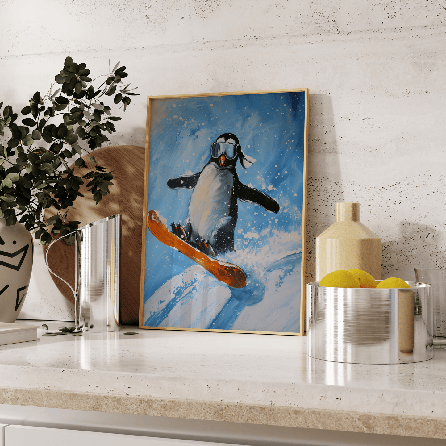 Playful illustration featuring a penguin snowboarding down a snowy slope, leaning against the kitchen counter - Paw Prints