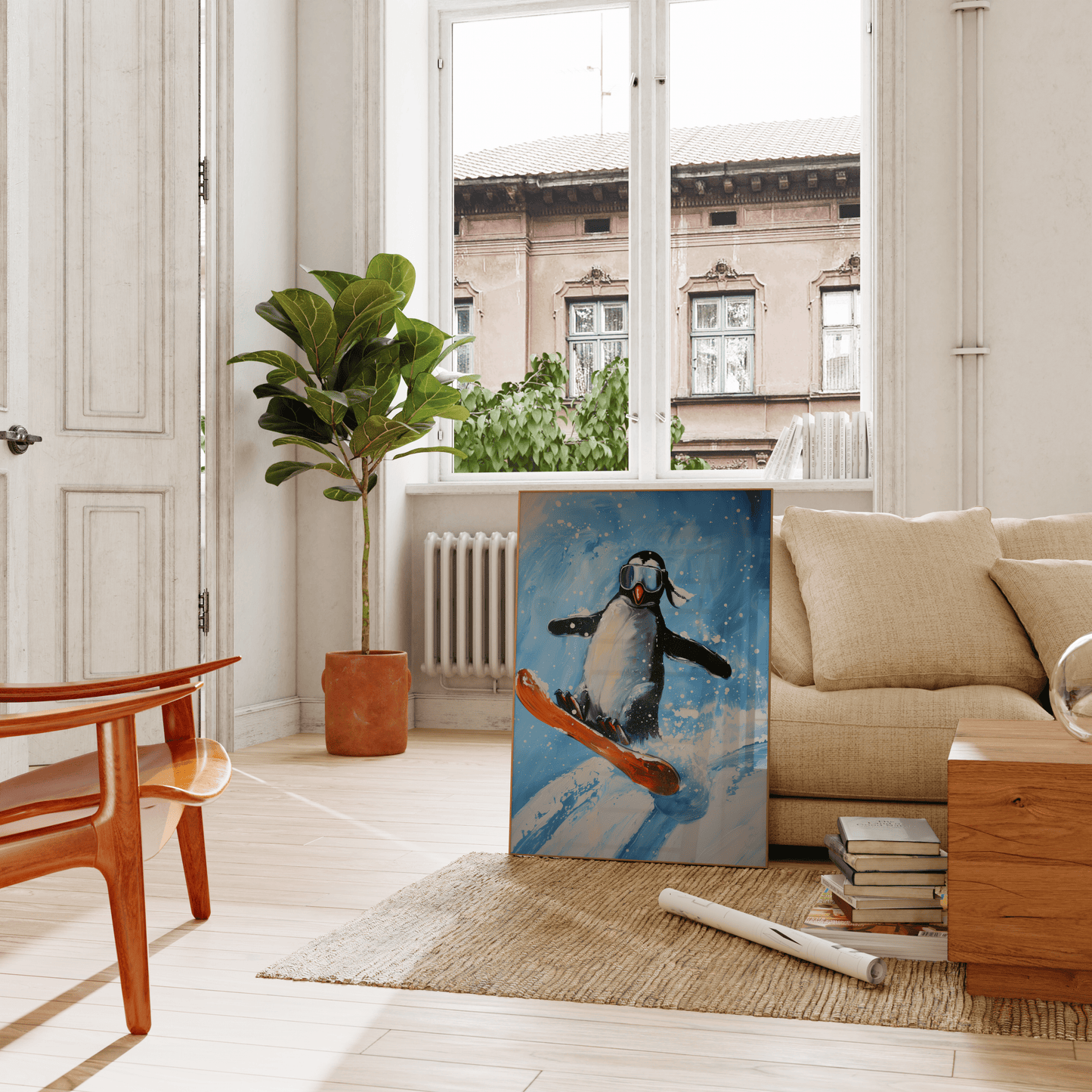 Playful illustration featuring a penguin snowboarding down a snowy slope, leaning on a couch in the living room - Paw Prints