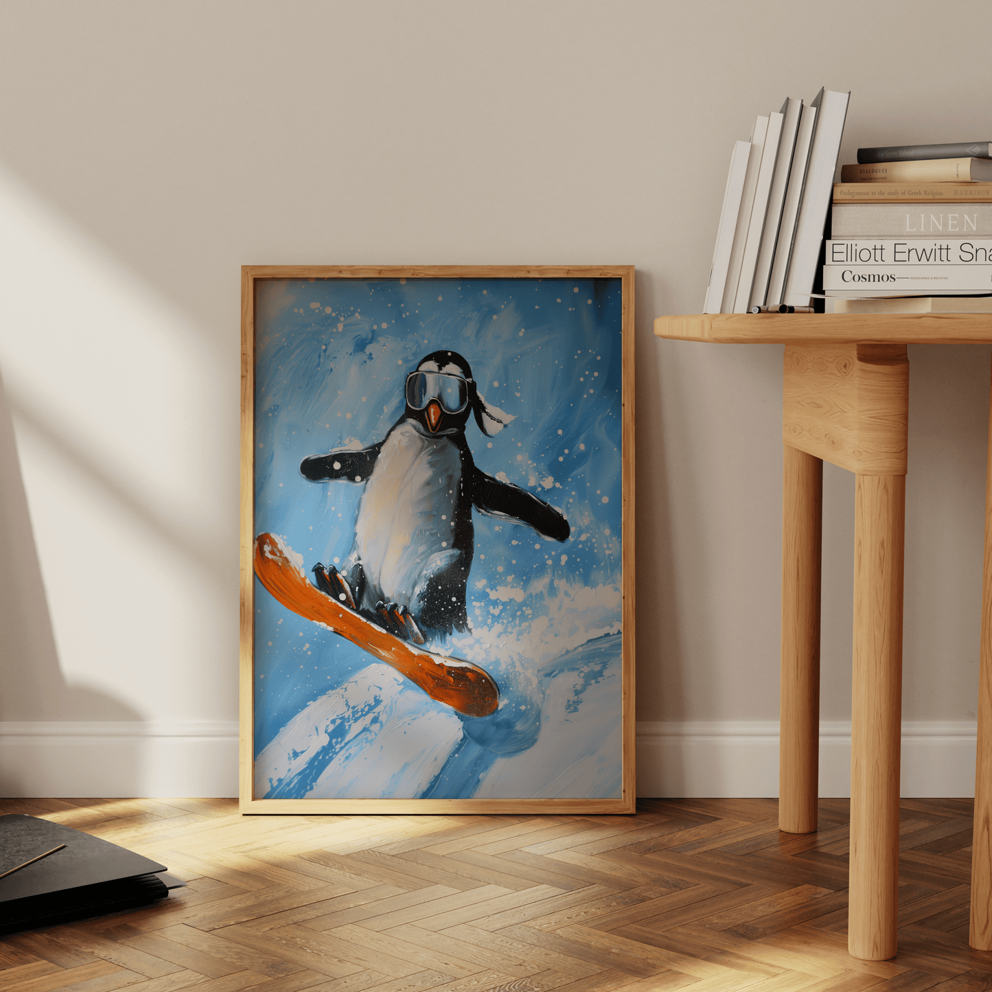 Playful illustration featuring a penguin snowboarding down a snowy slope, leaning against the office wall - Paw Prints