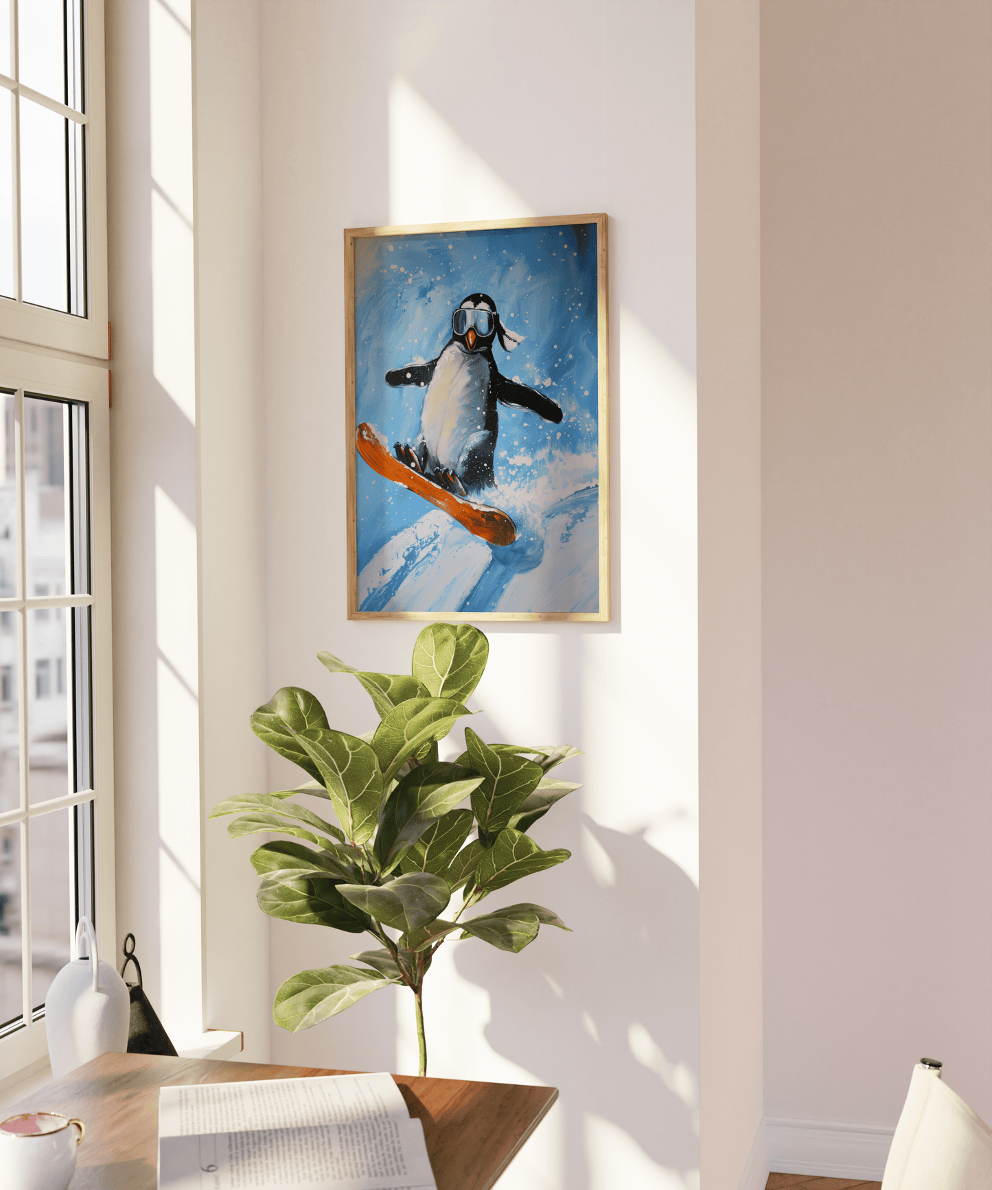 Playful illustration featuring a penguin snowboarding down a snowy slope, on a blank wall - Paw Prints