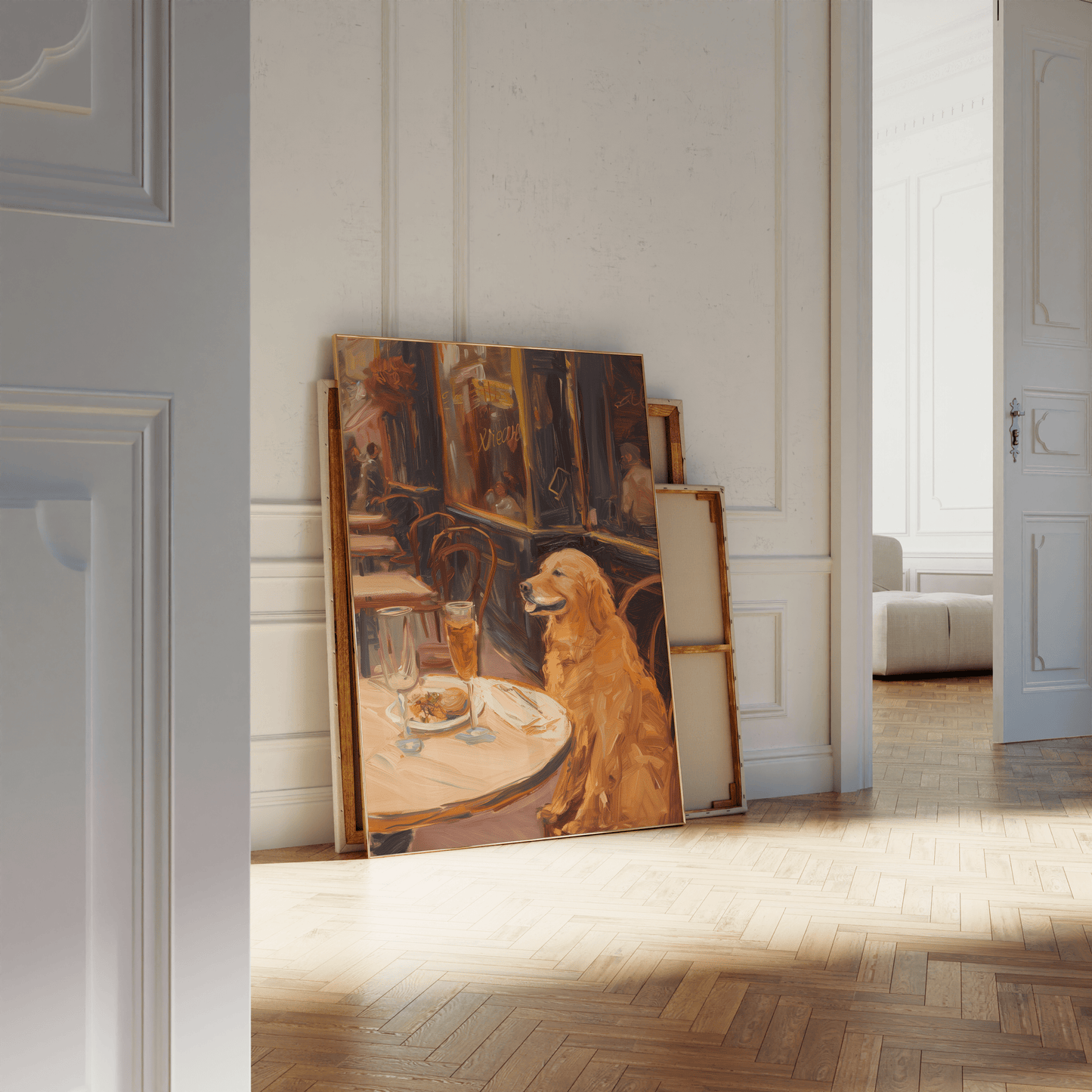 Impressionist painting of a golden retriever drinking wine in a Parisian brasserie, leaning against a white bathroom wall.