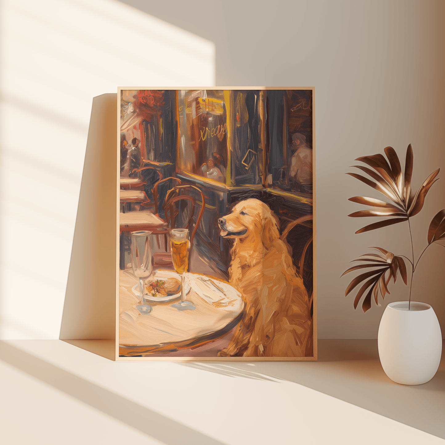 Impressionist painting of a golden retriever drinking wine in a Parisian brasserie, leaning against the bedroom floor.