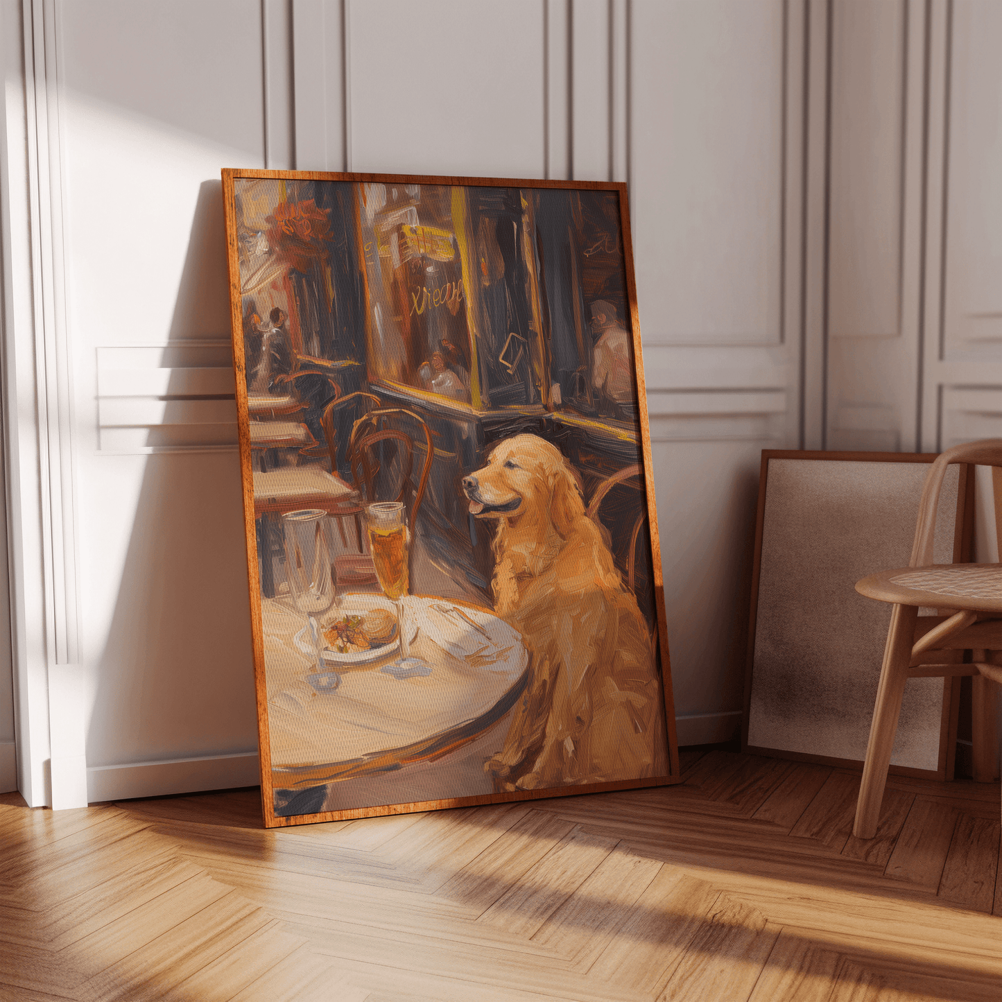 Impressionist painting of a golden retriever drinking wine and eating baguette in a Parisian brasserie, in a hallway.