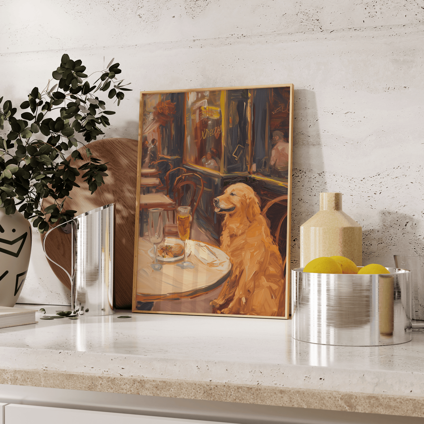 Impressionist painting of a golden retriever drinking wine in a Parisian brasserie, leaning against the kitchen counter.