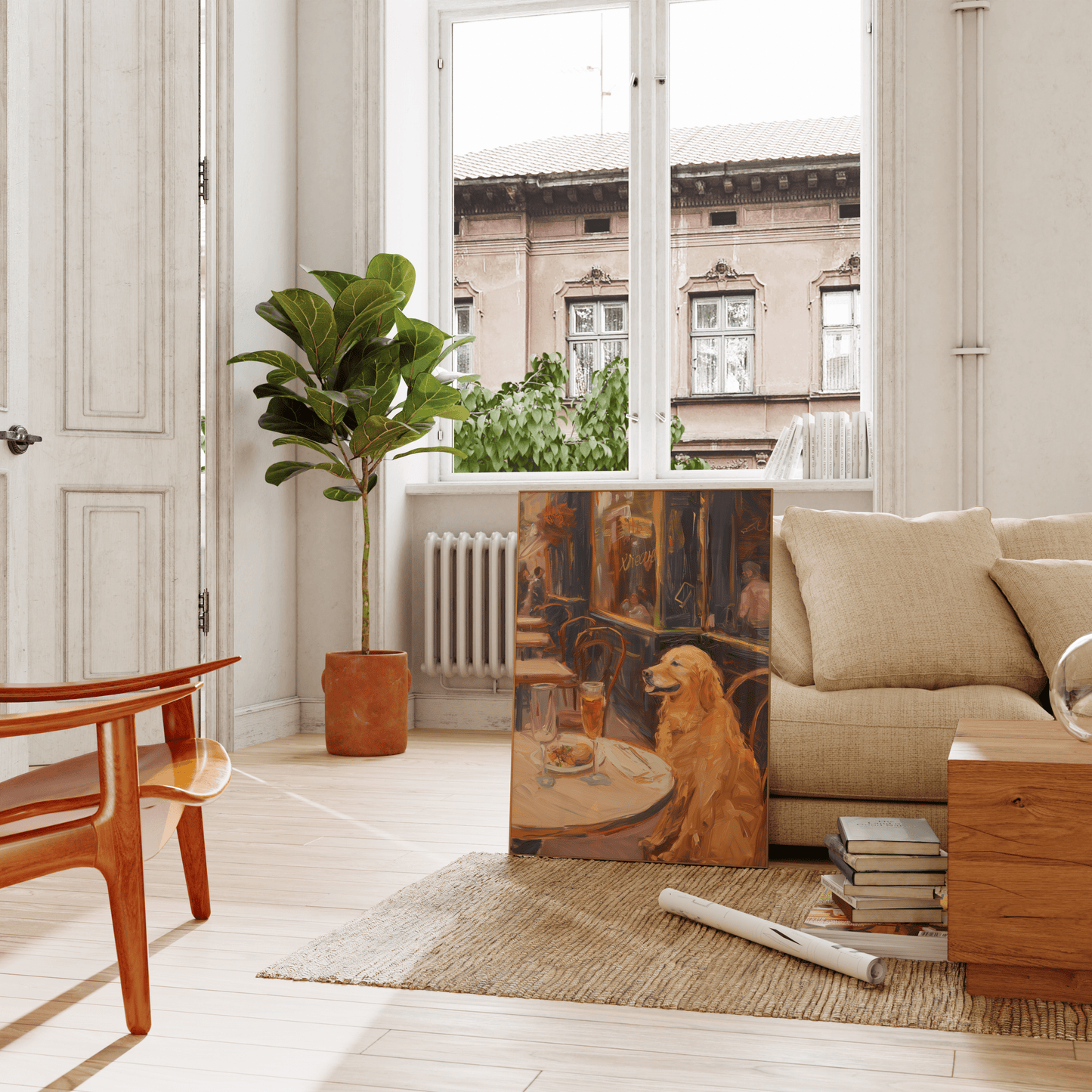 Impressionist painting of a golden retriever drinking wine in a Parisian brasserie, leaning on a couch in the living room.