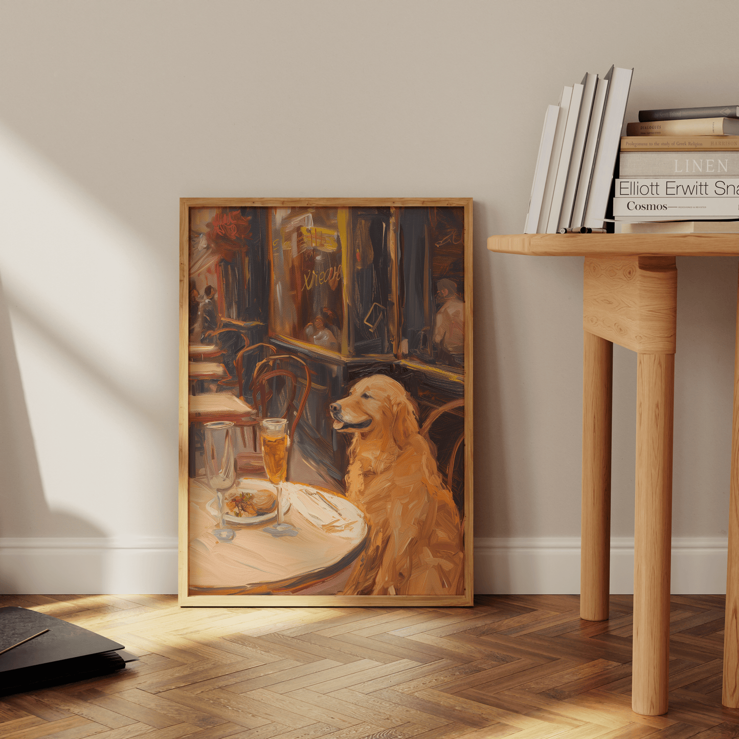 Impressionist painting of a golden retriever drinking wine in a Parisian brasserie, leaning against the office wall.