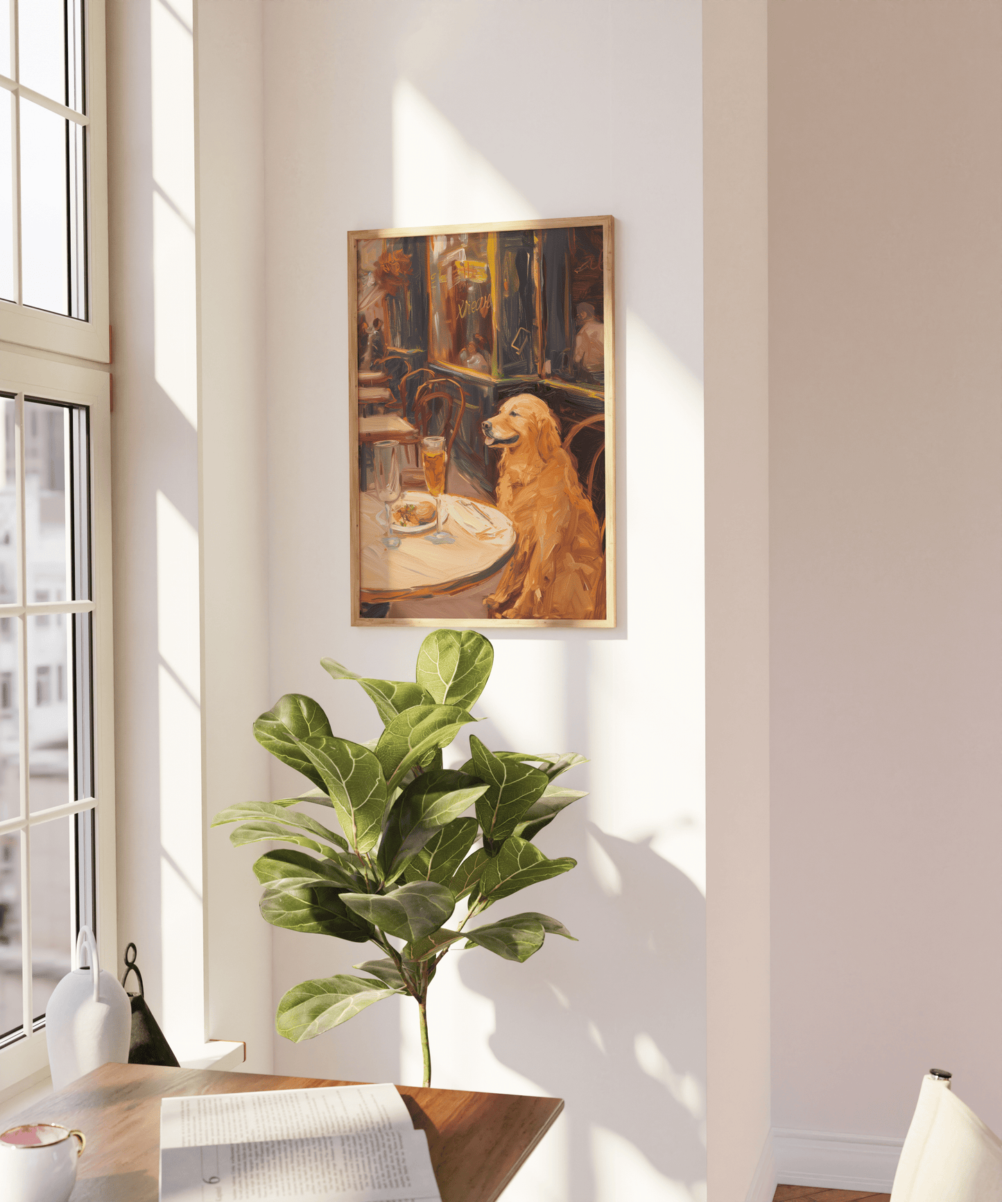 Impressionist painting of a golden retriever drinking wine in a Parisian brasserie, on a blank wall.