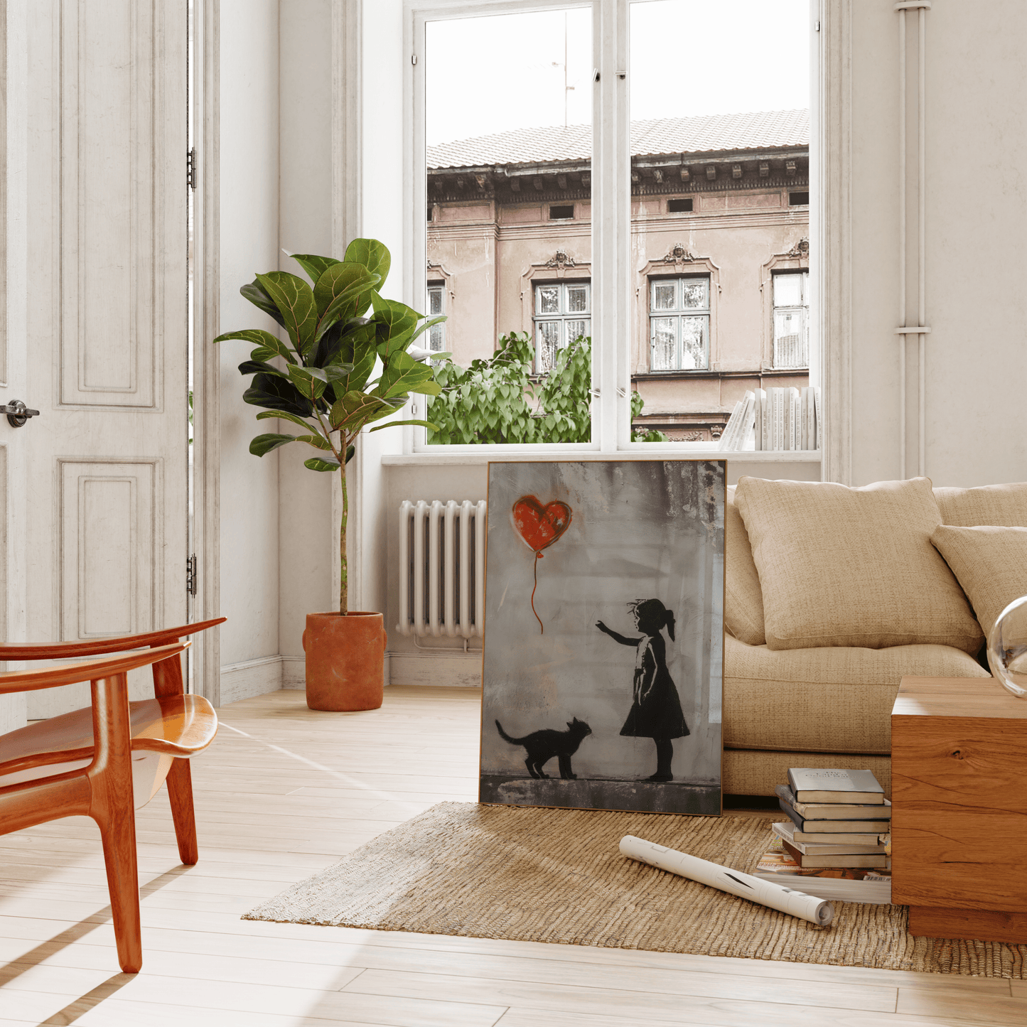Painting of a little girl with her cat, reaching out to the red heart-shaped balloon, leaning on a couch in the living room.