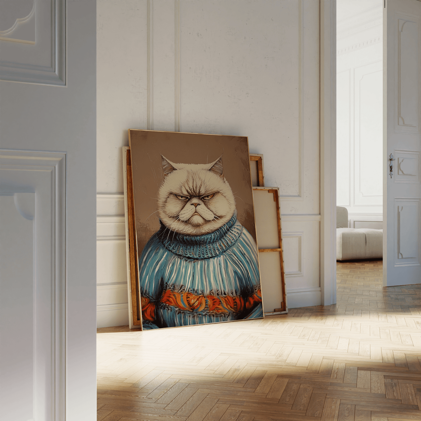 Portrait of a grumpy cat wearing an ugly Christmas sweater poster, leaning against a white bathroom wall - Paw Prints