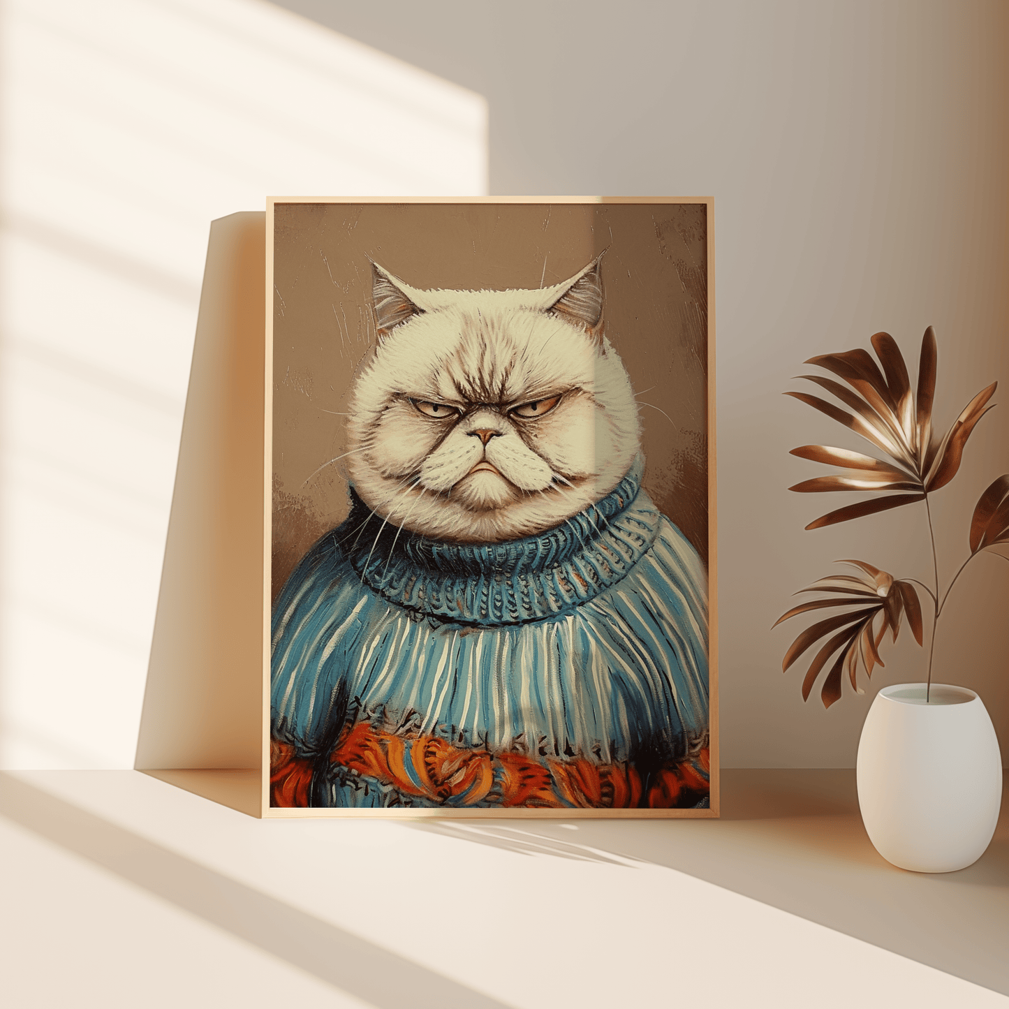 Portrait of a grumpy cat wearing an ugly Christmas sweater poster, leaning against the bedroom floor - Paw Prints