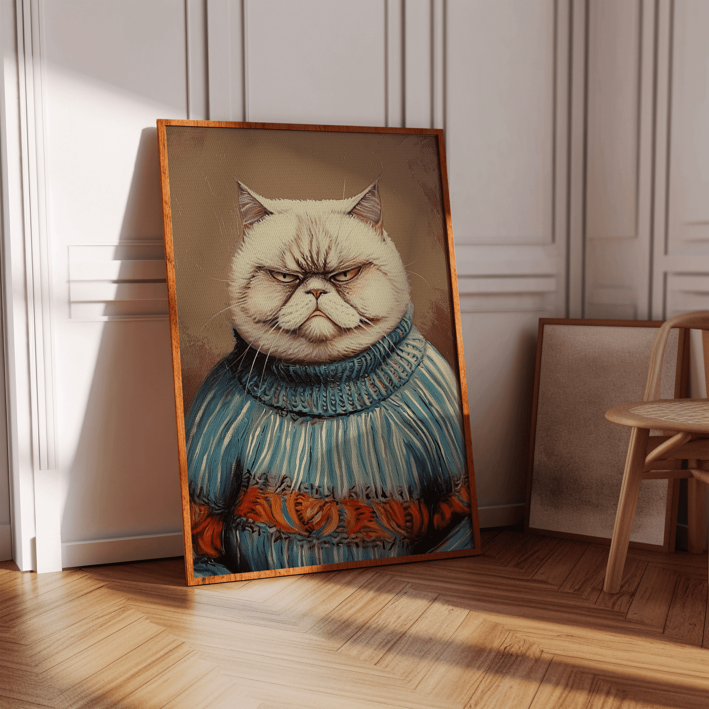 Portrait of a grumpy cat wearing an ugly Christmas sweater poster, in a hallway in view of natural sunlight. - Paw Prints