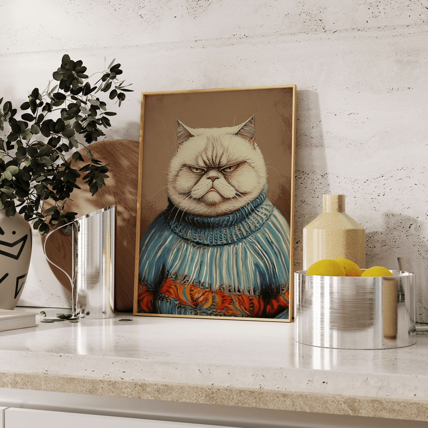 Portrait of a grumpy cat wearing an ugly Christmas sweater poster, leaning against the kitchen counter - Paw Prints