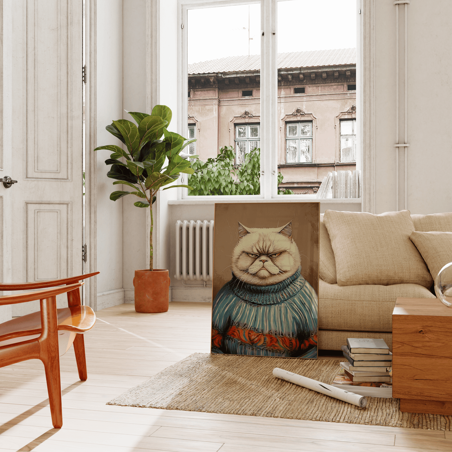 Portrait of a grumpy cat wearing an ugly Christmas sweater poster, leaning on a couch in the living room - Paw Prints