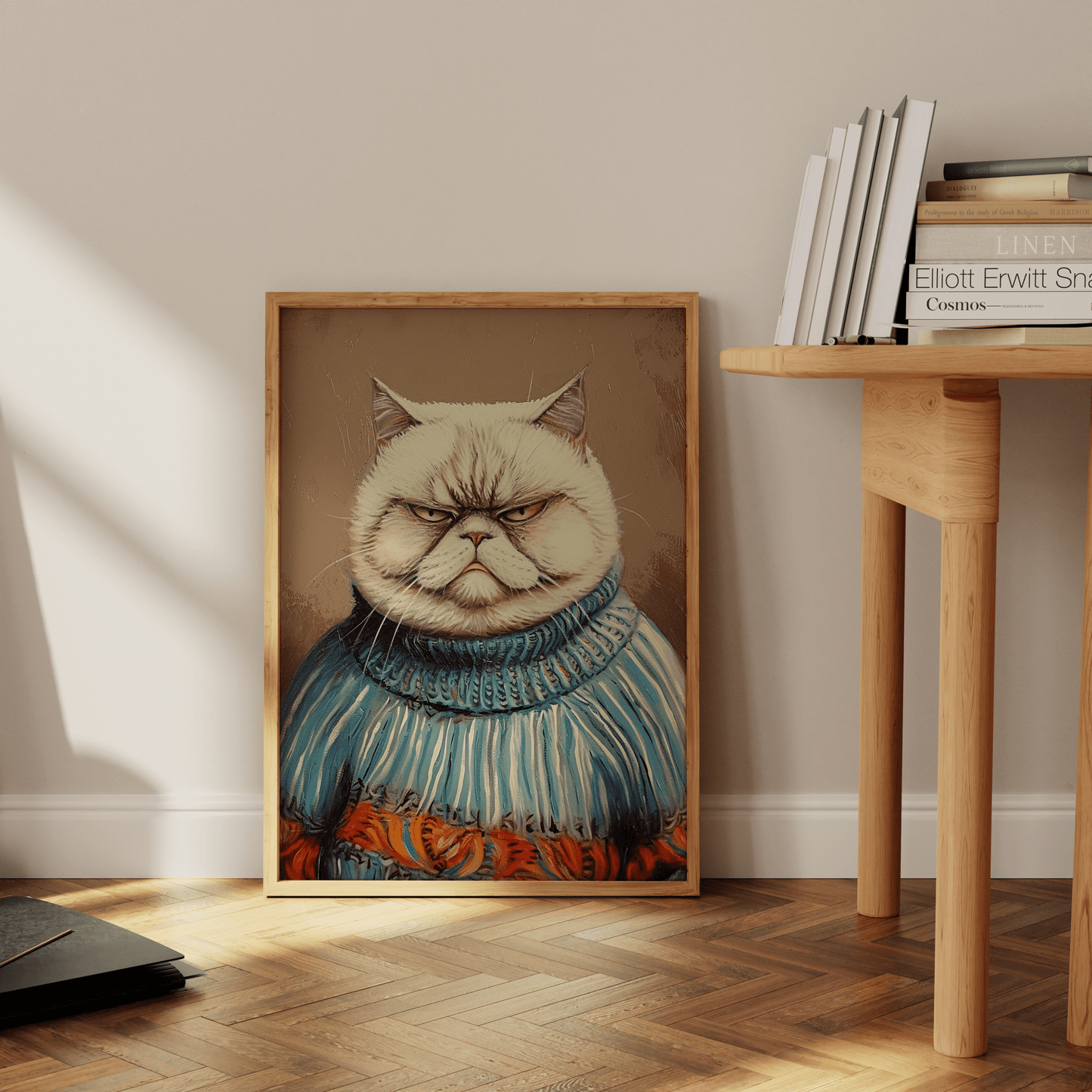 Portrait of a grumpy cat wearing an ugly Christmas sweater poster, leaning against the office wall - Paw Prints