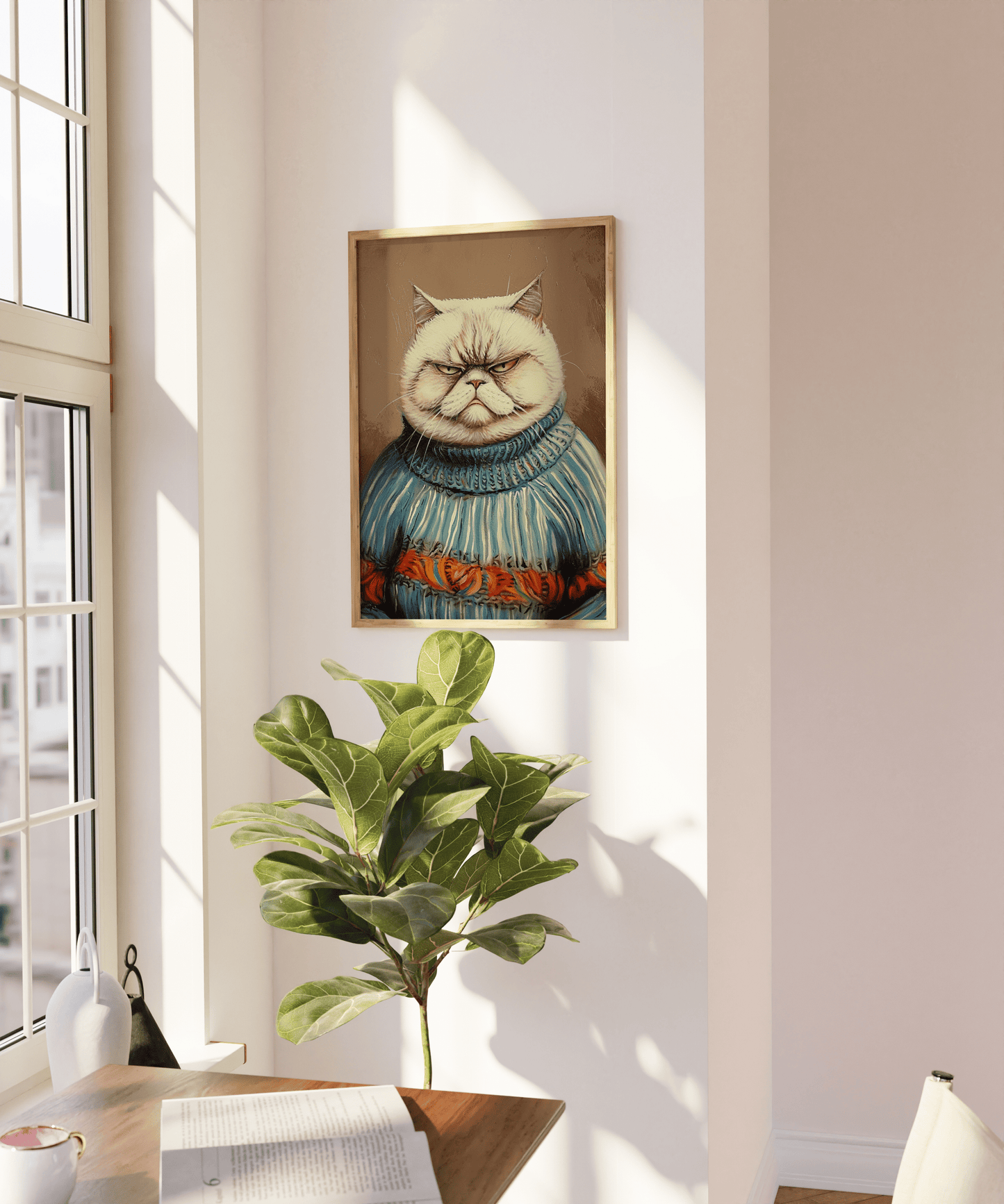 Portrait of a grumpy cat wearing an ugly Christmas sweater poster, on a blank wall - Paw Prints
