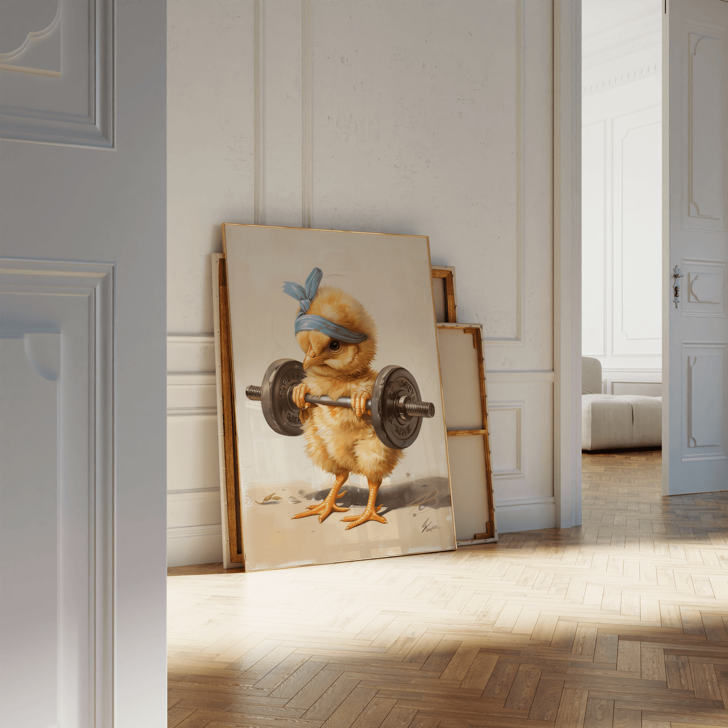 Poster of a baby chicken lifting a barbell, wearing a blue headband, leaning against a white bathroom wall - Paw Prints