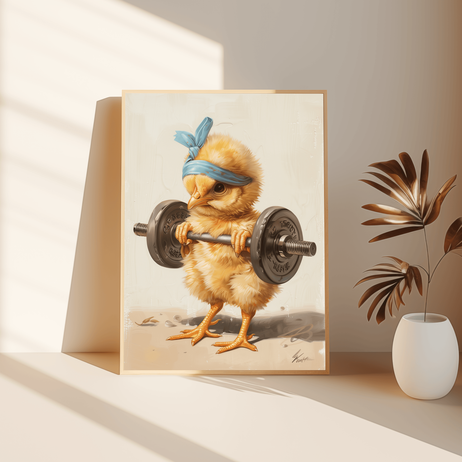 Poster of a baby chicken lifting a barbell, wearing a blue headband, leaning against the bedroom floor - Paw Prints