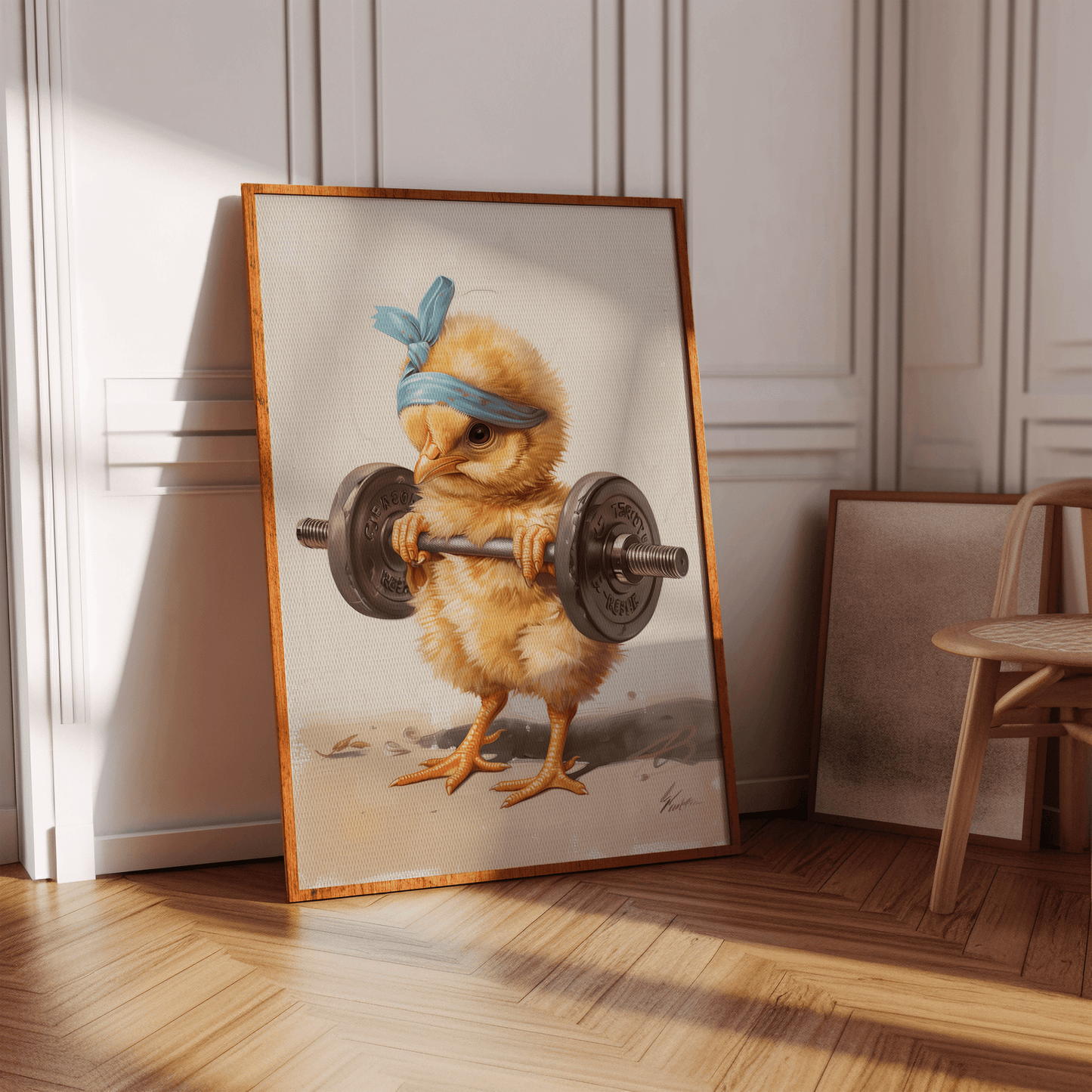 Photorealistic poster of a baby chicken lifting a barbell, wearing a blue headband, in a hallway - Paw Prints