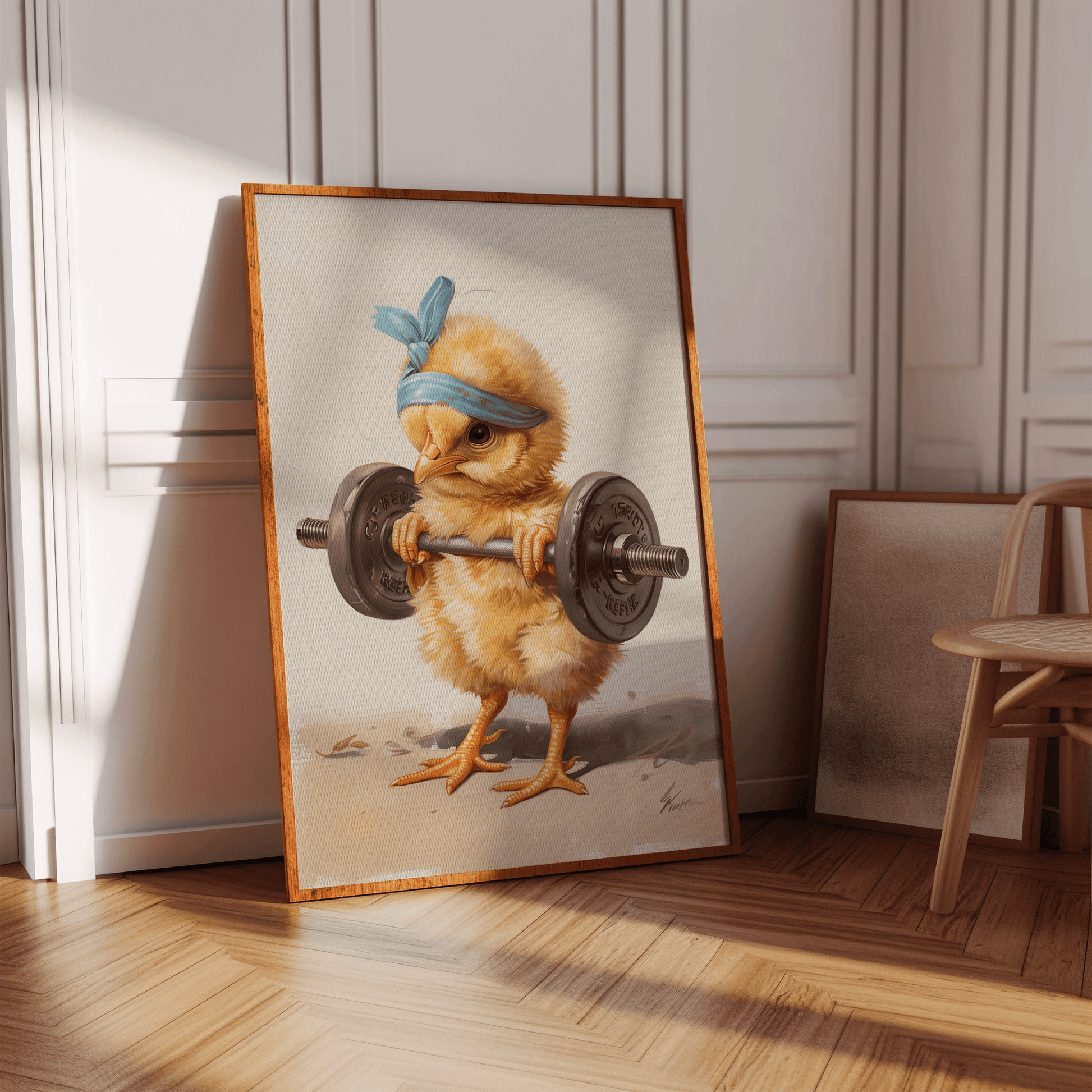 Photorealistic poster of a baby chicken lifting a barbell, wearing a blue headband, in a hallway - Paw Prints