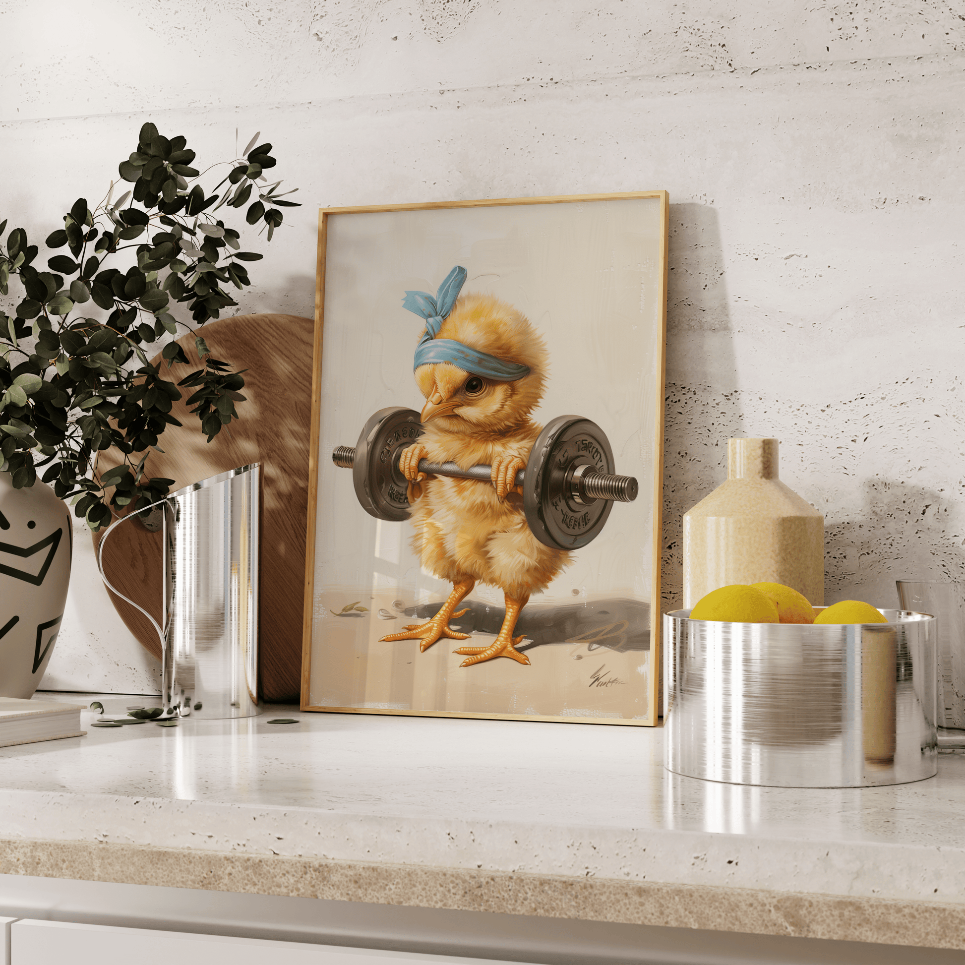 Poster of a baby chicken lifting a barbell, wearing a blue headband, leaning against the kitchen counter - Paw Prints